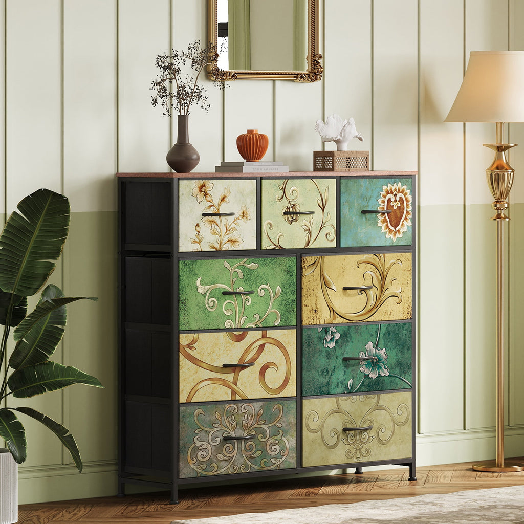 GALAXHERO 9-Drawer Fabric Dresser, Tall Storage Tower for Bedroom, Hallway, Entryway, Closet, Chest Organizer Unit with Fabric Bins, Steel Frame, Wood Top, Wood Grain Print