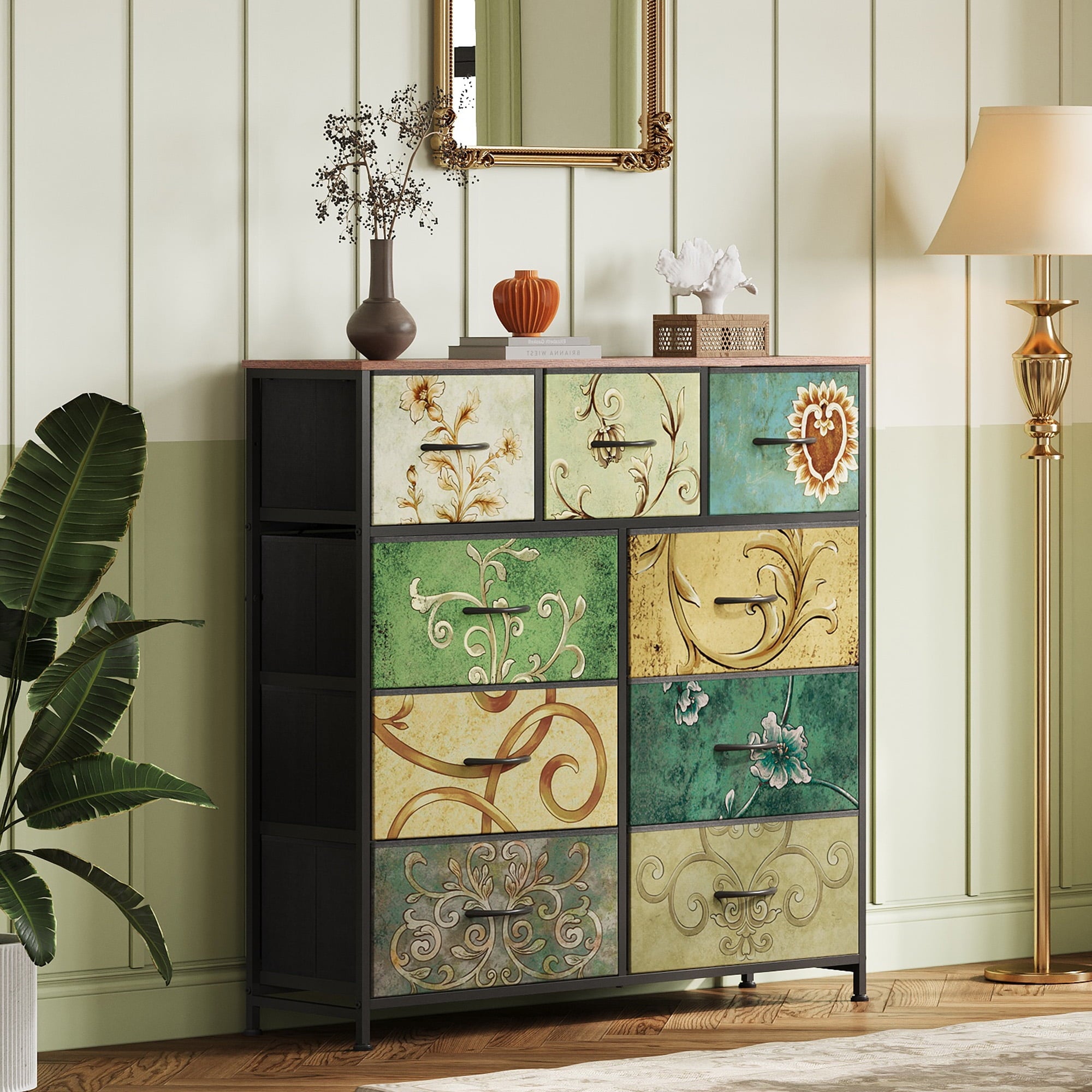 GALAXHERO 9-Drawer Fabric Dresser, Tall Storage Tower for Bedroom, Hallway, Entryway, Closet, Chest Organizer Unit with Fabric Bins, Steel Frame, Wood Top, Wood Grain Print