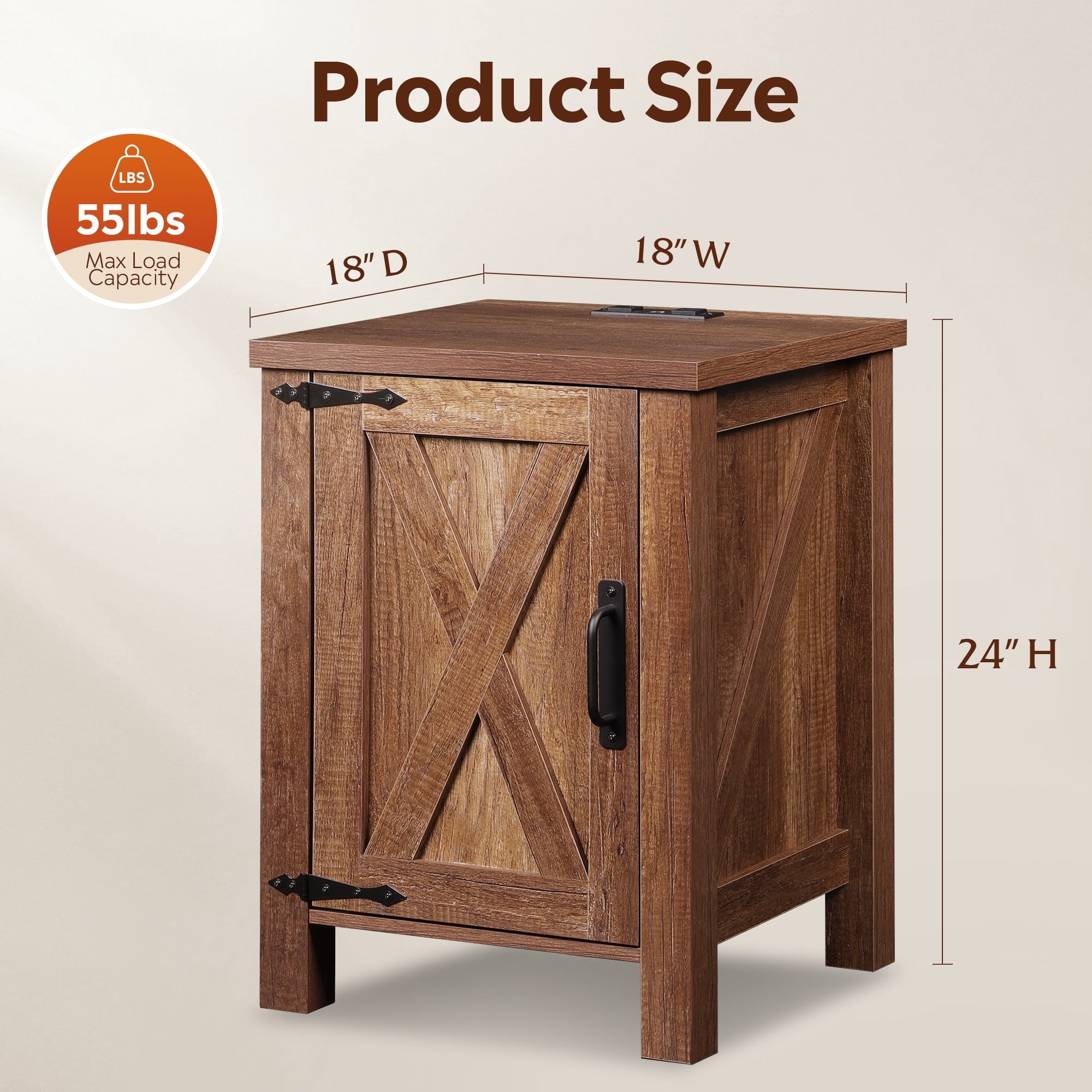 GALAXHERO Nightstand with Charging Station, Farmhouse Narrow Side Table with Barn Door, Wooden Bedside Table for Bedroom, End Tables for Living Room