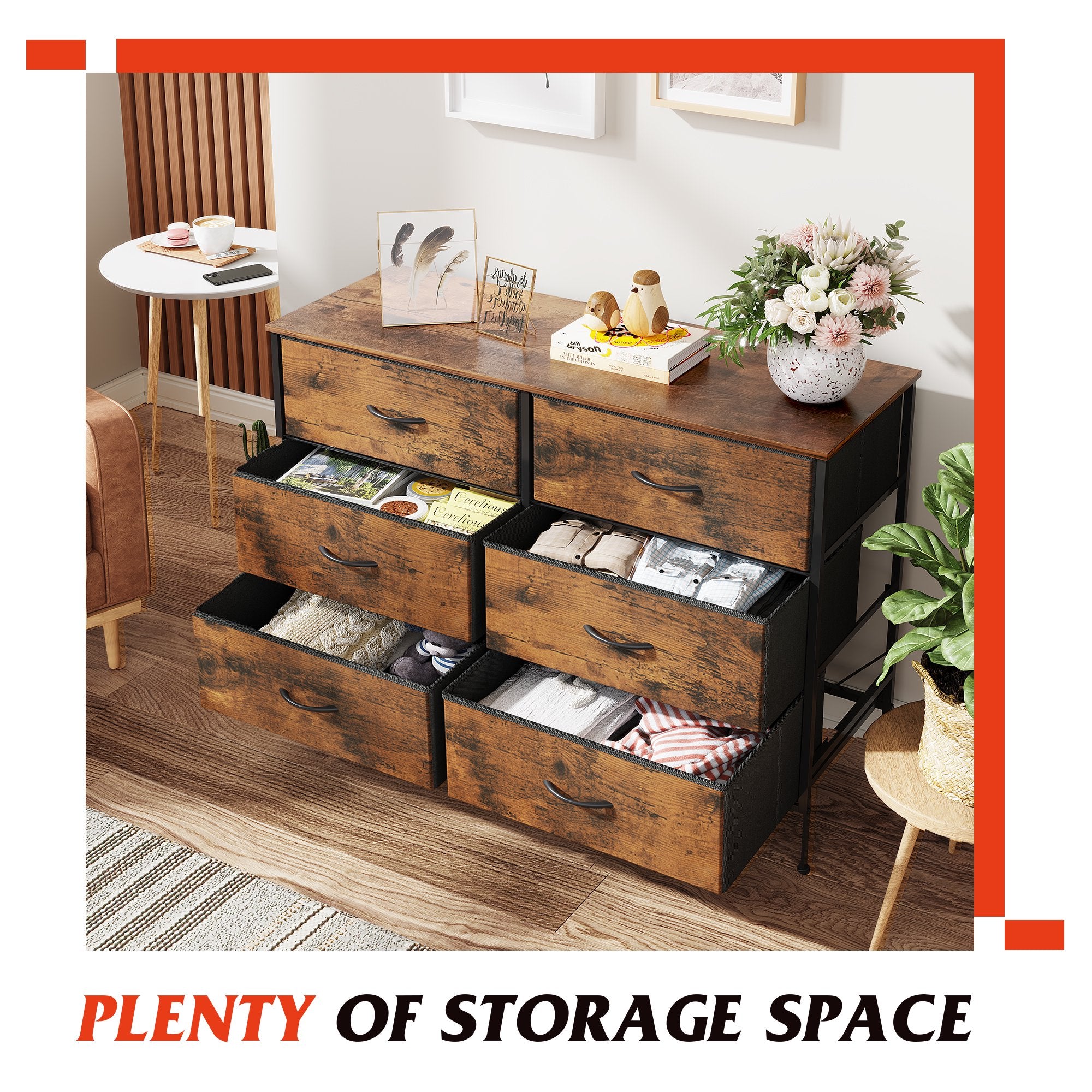 GALAXHERO 6-Drawer Fabric Dresser, 50-Inch TV Stand Wide Chest of Drawers for Bedroom, Closet, Living Room