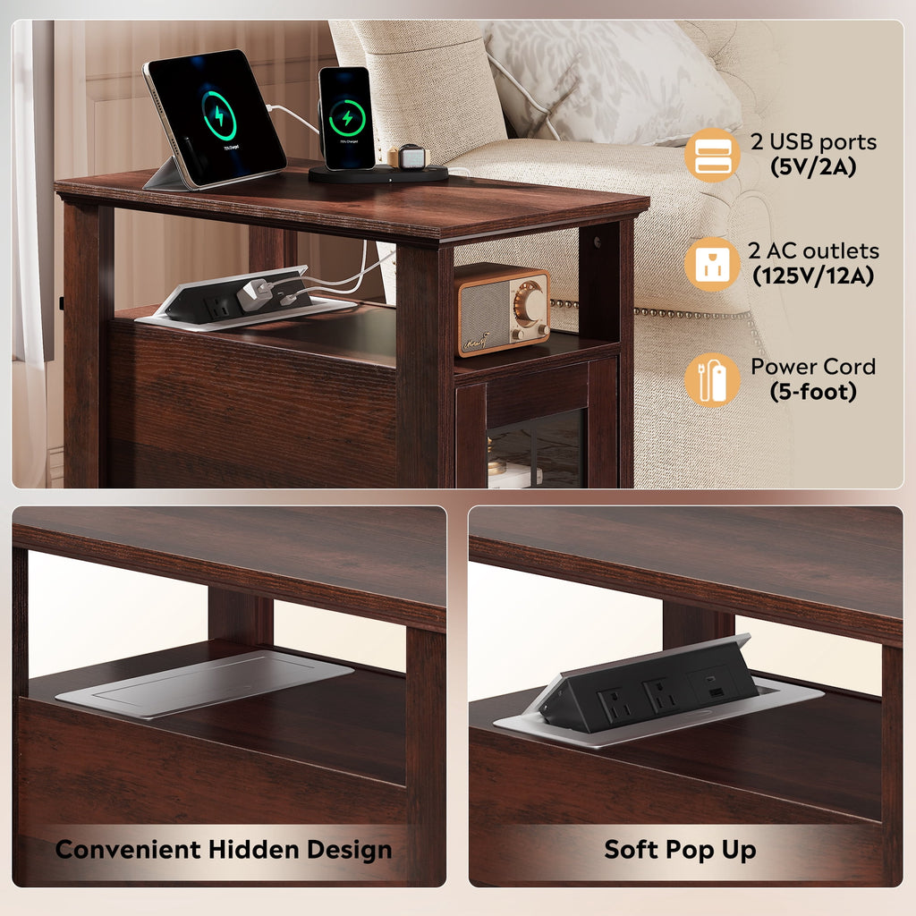 GALAXHERO Farmhouse End Table with Storage Narrow Side Table for Living Room  Small Table with USB Ports and Outlets for Bedroom