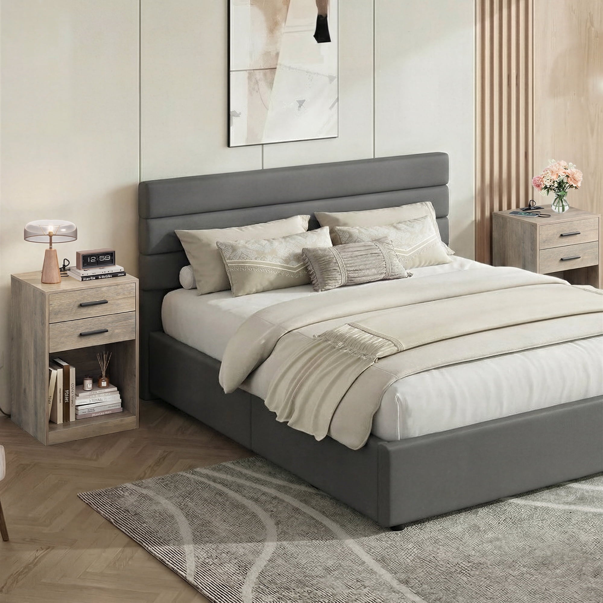 GALAXHERO Nightstand Set of 2 with Charging Station and 2 Drawers, Wood Bedside Table End Table with Open Shelf for Bedroom, Living Room