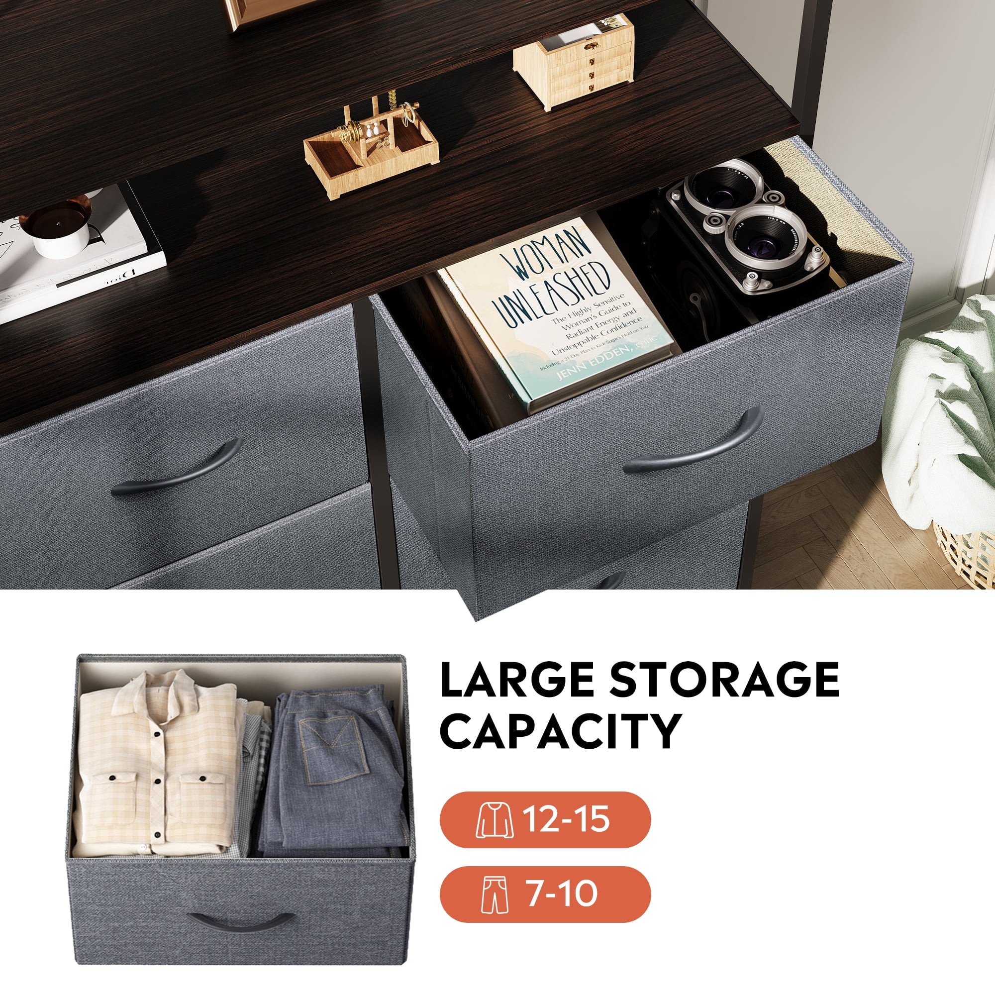 GALAXHERO 8-Drawer Fabric Dresser with Open Shelves, Tall Chest of Drawers with Wooden Top, Storage Tower for Entryway, Bedroom & Closet