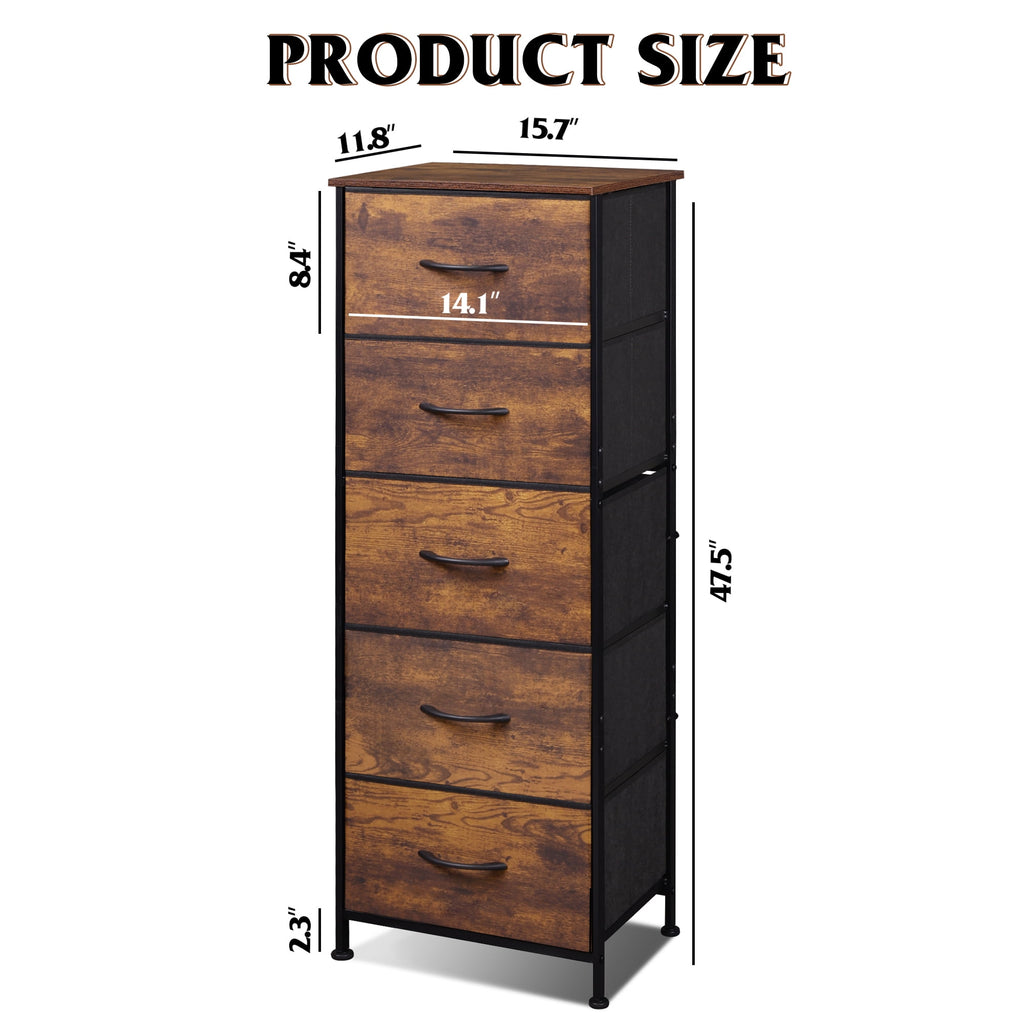GALAXHERO 5-Drawer Tall Fabric Dresser with Wood Top, Storage Organizer Chest for Bedroom, Closet, Hallway, Sturdy Steel Frame, Rustic Brown Wood Grain Print