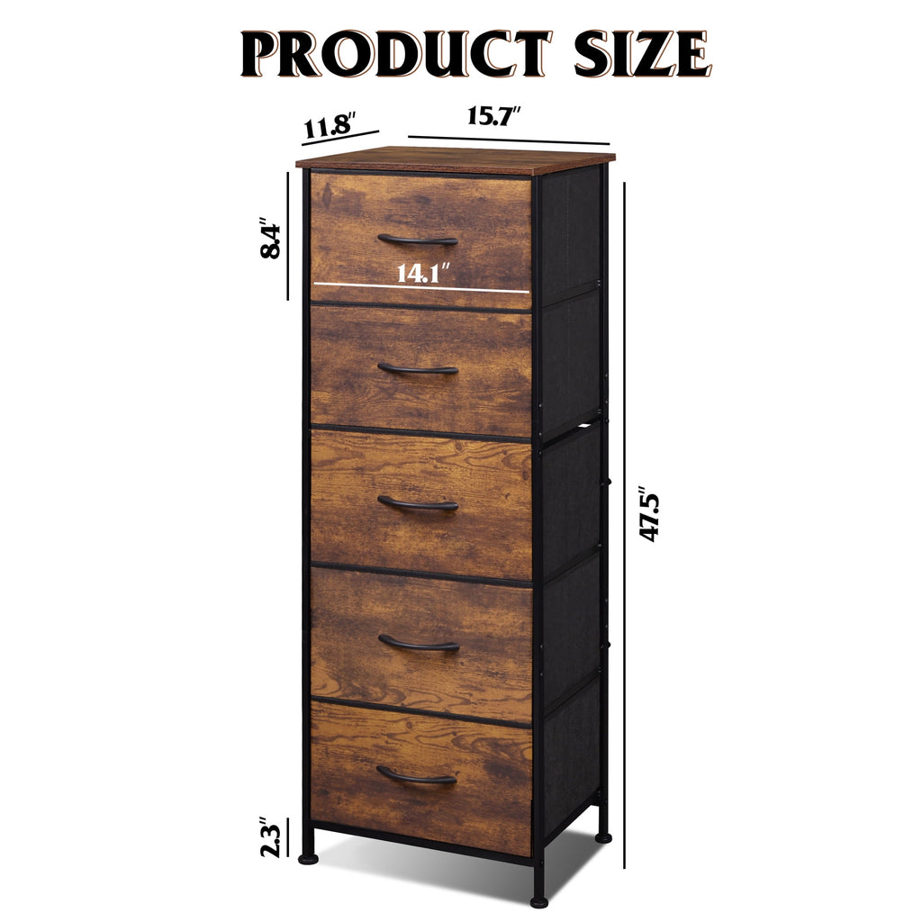 GALAXHERO 5-Drawer Tall Fabric Dresser with Wood Top, Storage Organizer Chest for Bedroom, Closet, Hallway, Sturdy Steel Frame