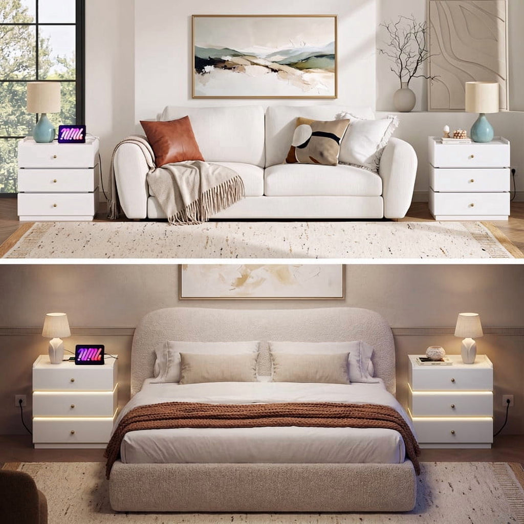 GALAXHERO Nightstand with Charging Station, Smart LED 3-Drawer Tall Bedside Table with Sensor, End Table with Wireless Charging for Bedroom Living Room Dorm