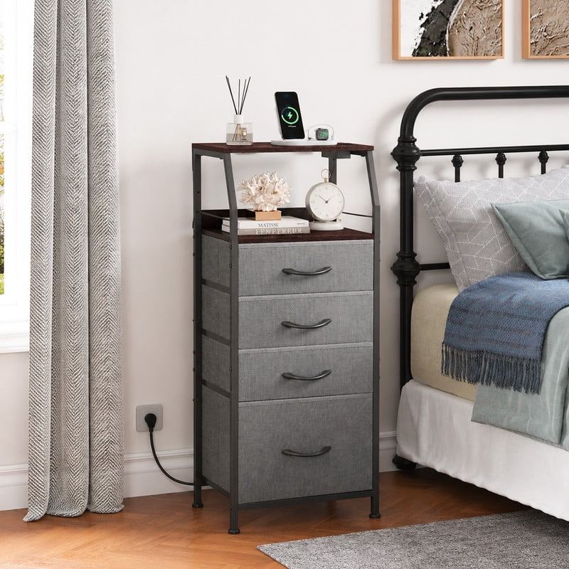 GALAXHERO Dresser for Bedroom, 4 Drawer Nightstand with Charging Station,Tall Bedside Table with LED and Open Shelf