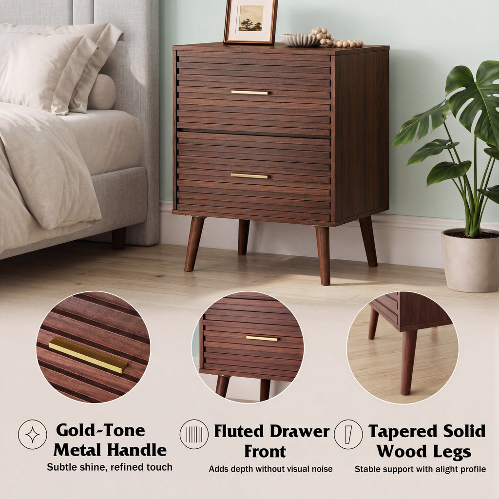 GALAXHERO Mid Century Wood Nightstand Set of 2, Fluted 2 Drawers Bedside Table for Bedroom, End Table for Living Room