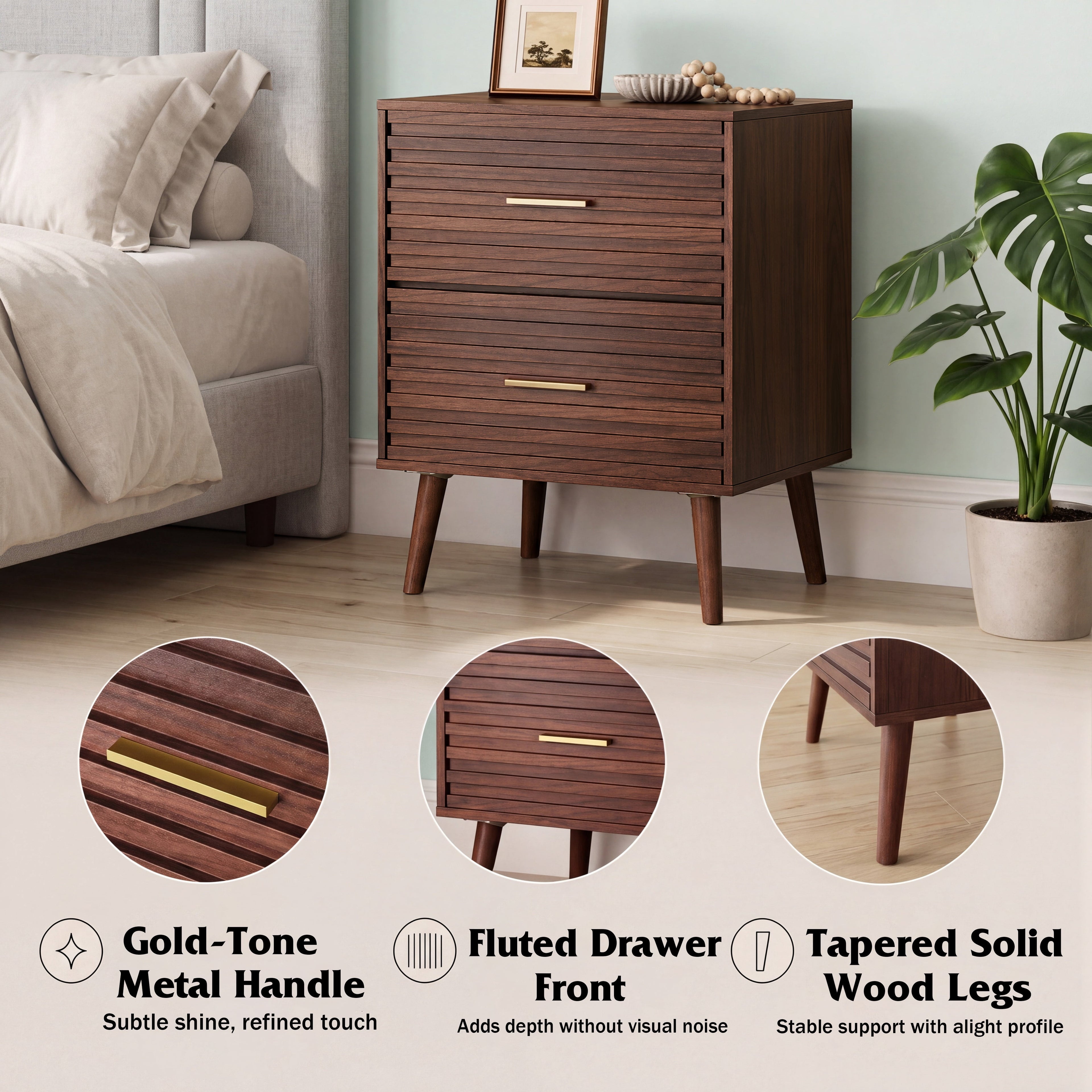 GALAXHERO Mid Century Wood Nightstand Set of 2, Fluted 2 Drawers Bedside Table for Bedroom, End Table for Living Room