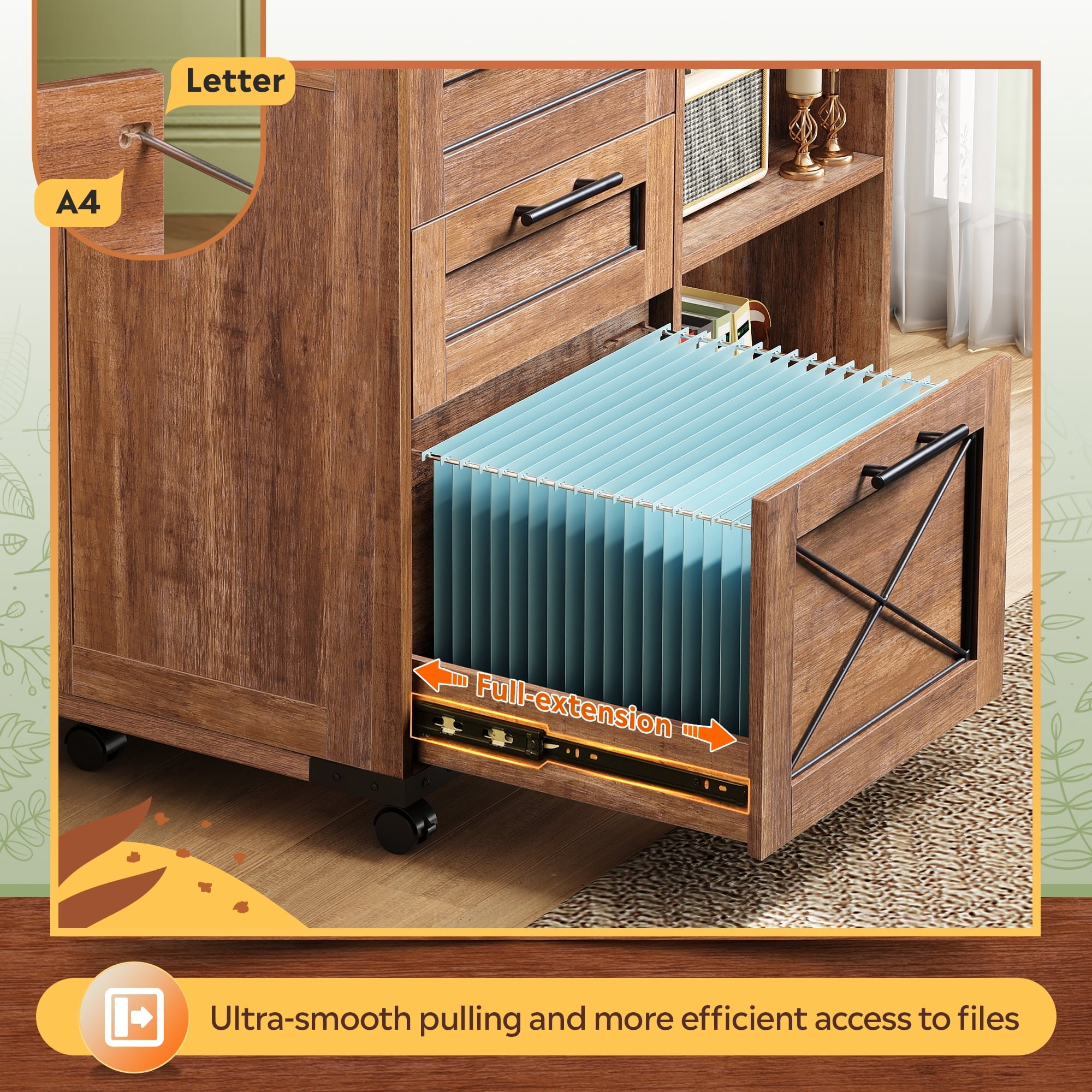 GALAXHERO 3-Drawer Locking File Cabinet, Wood Filing Cabinets with Charging Station, Rolling Printer Stand for Home Office