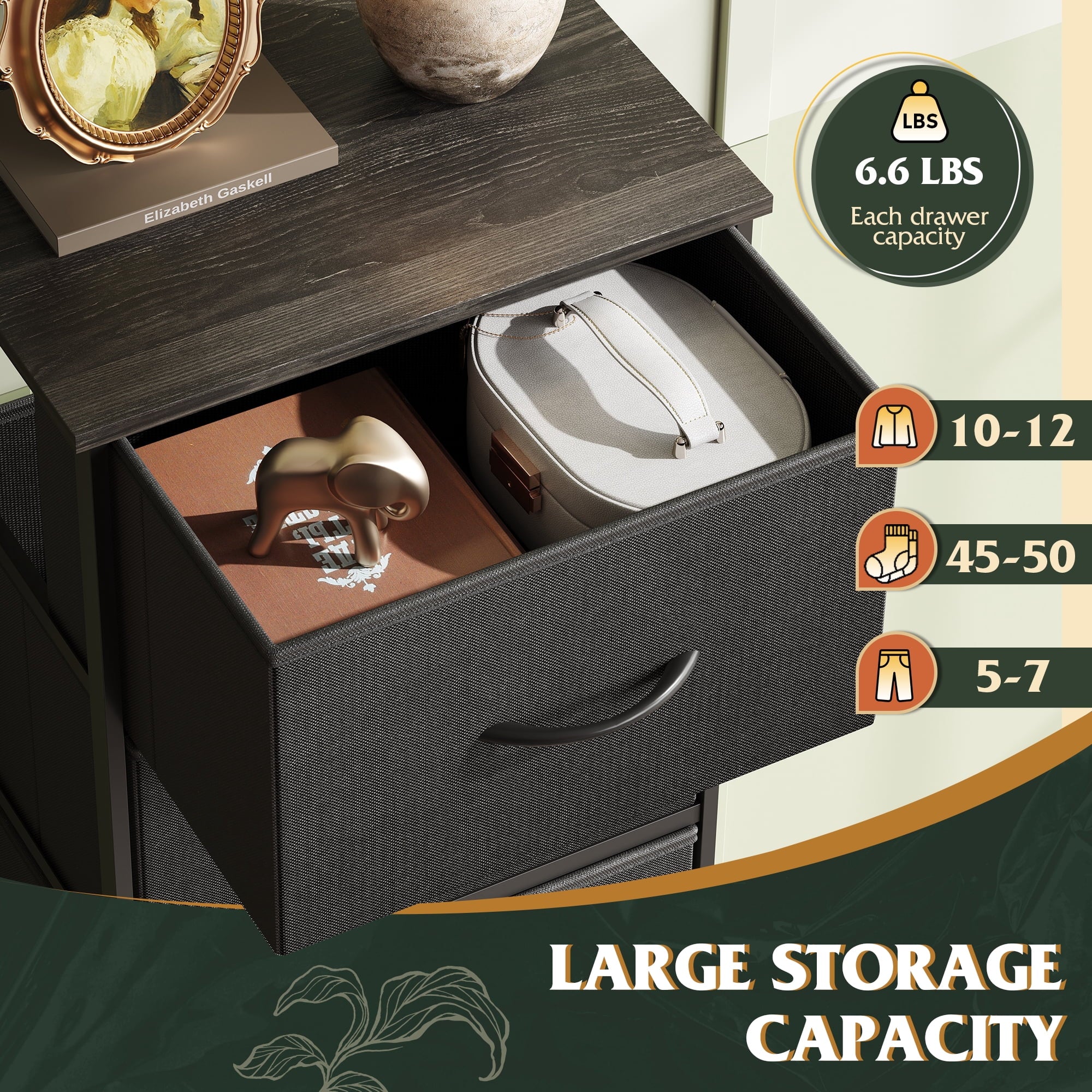 GALAXHERO 5-Drawer Tall Fabric Dresser with Wood Top, Storage Organizer Chest for Bedroom, Closet, Hallway, Sturdy Steel Frame