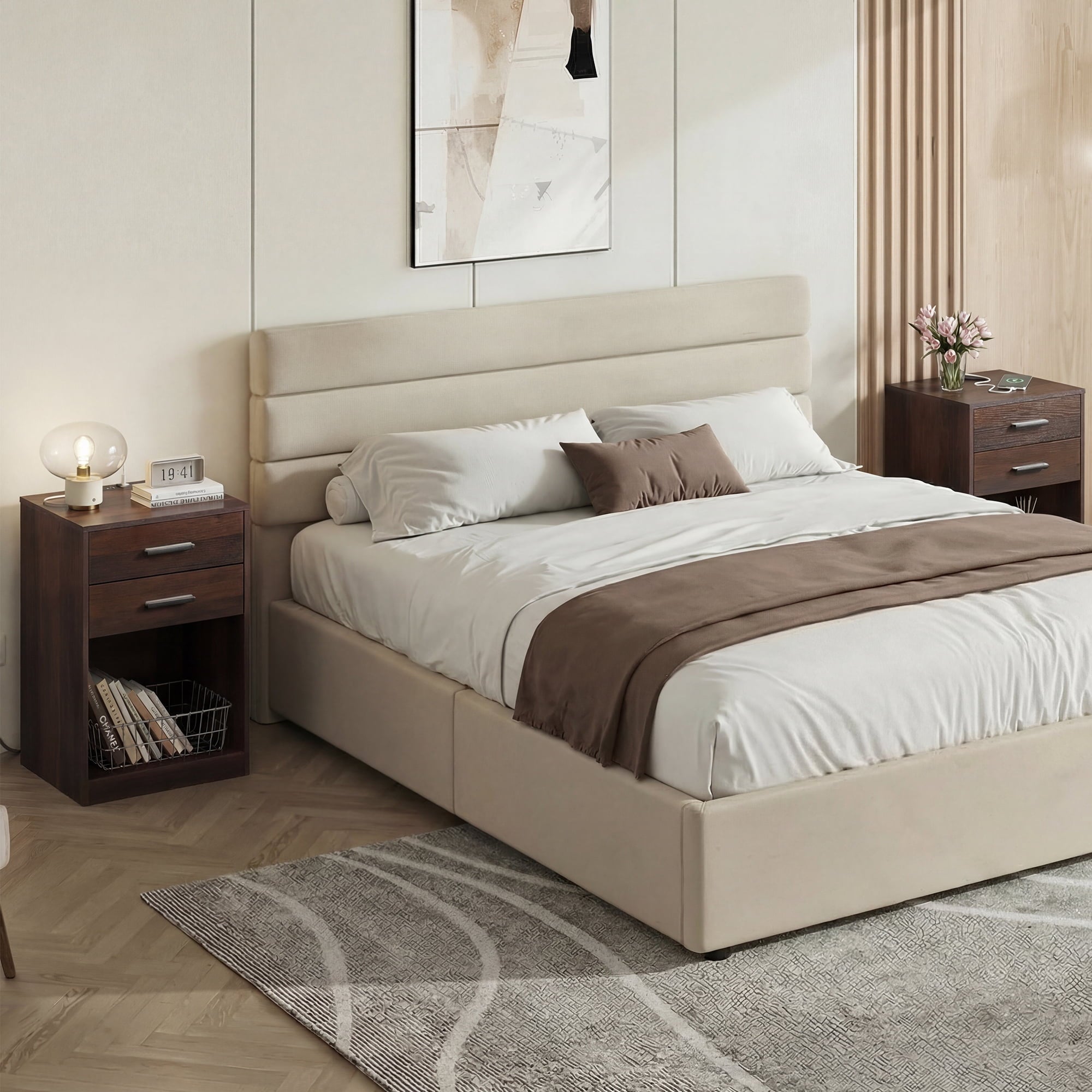 GALAXHERO Nightstand Set of 2 with Charging Station and 2 Drawers, Wood Bedside Table End Table with Open Shelf for Bedroom, Living Room
