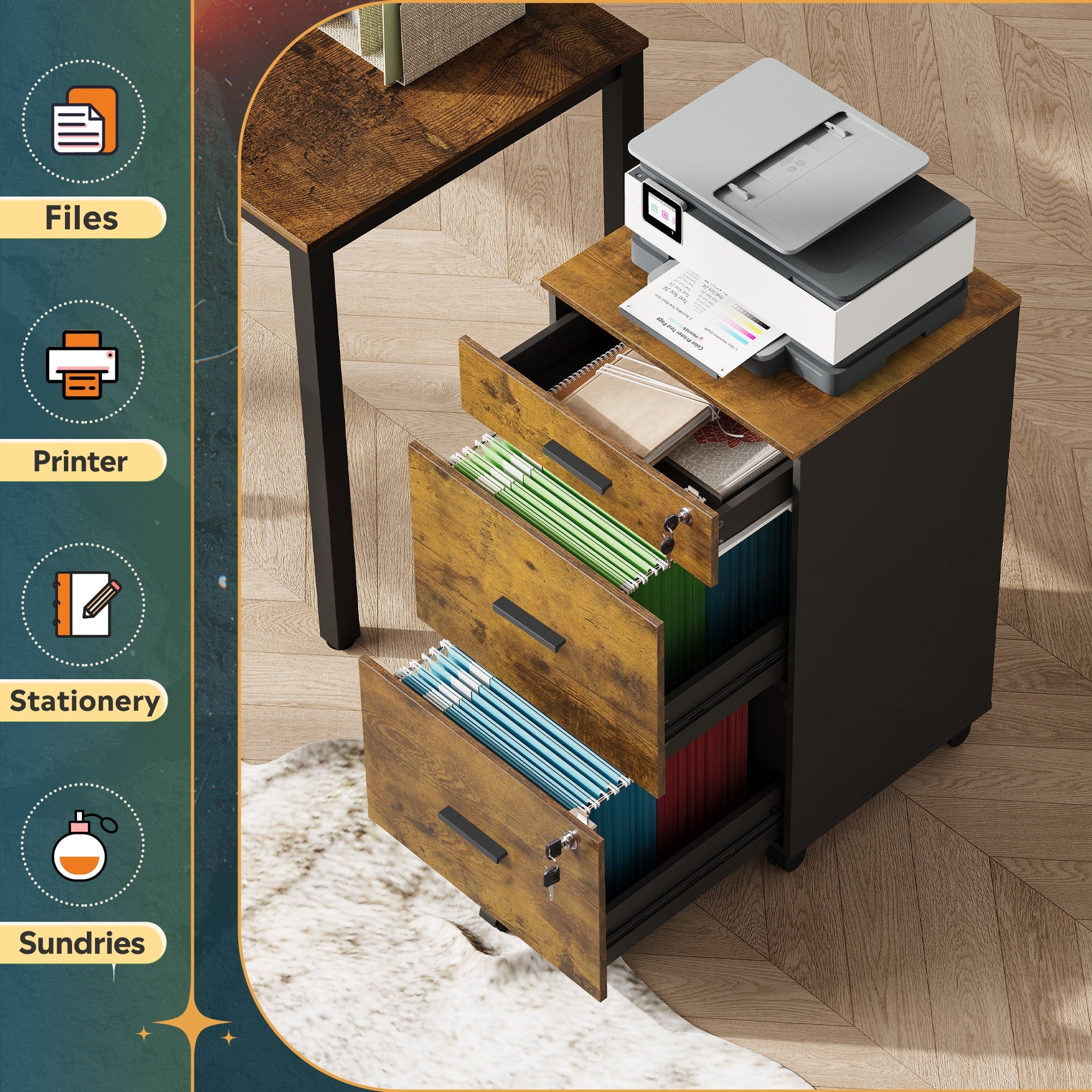 GALAXHERO Filing Cabinet with Lock and Key, 3 Drawer Rolling File Cabinet,  Wood Storage Locker, Fits Letter/A4 Size