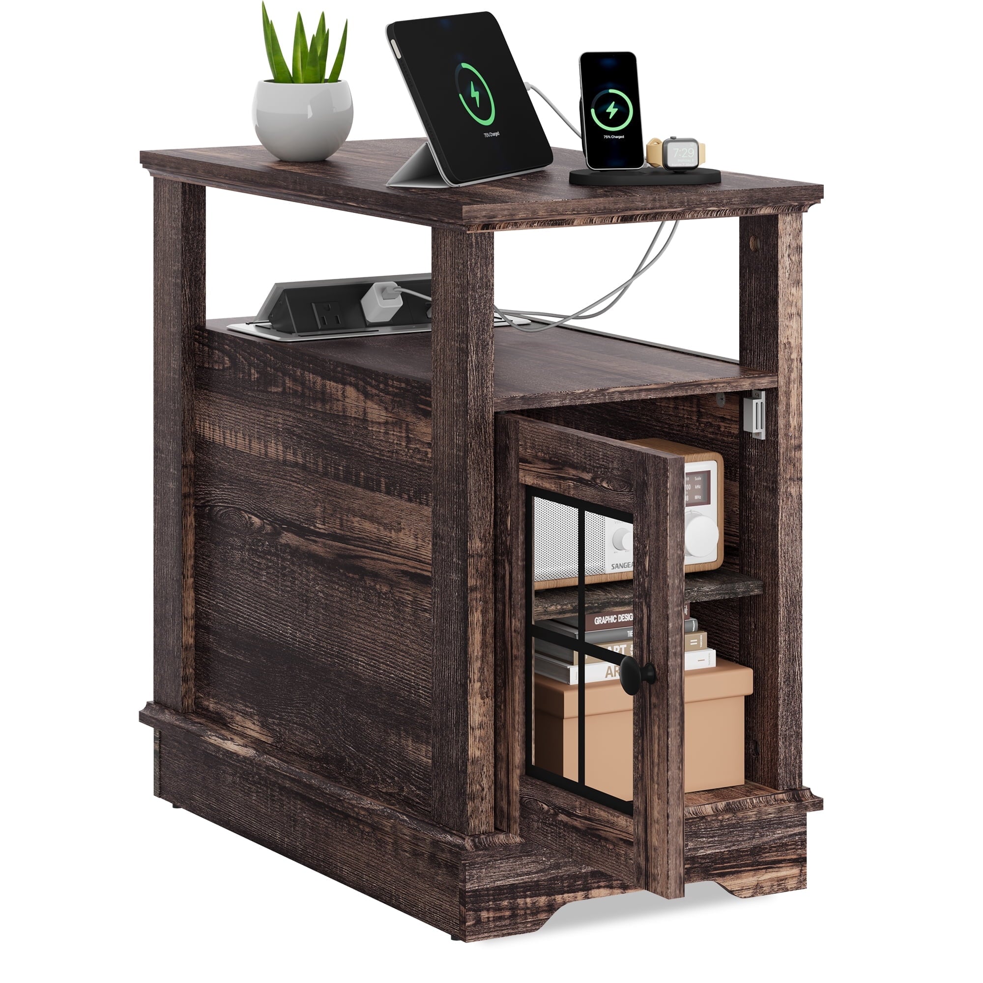GALAXHERO Farmhouse End Table with Storage Narrow Side Table for Living Room  Small Table with USB Ports and Outlets for Bedroom