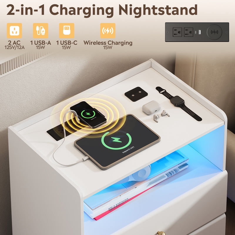 GALAXHERO Nightstand with Charging Station, Smart LED 2-Drawer Tall Bedside Table with Sensor & open shelf, End Table with Wireless Charging for Bedroom Living Room Dorm