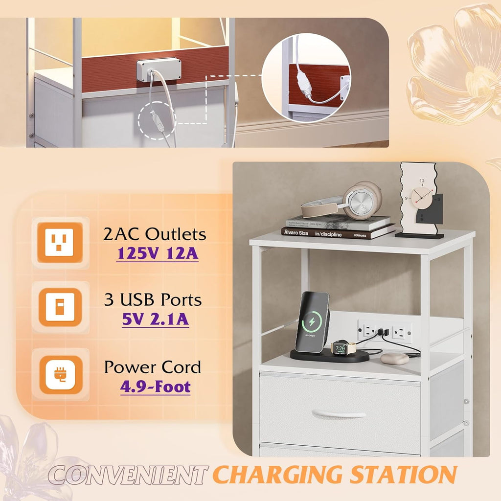 GALAXHERO Nightstand with Charging Station, LED Light, 2 Fabric Drawers, Storage Shelf, 3 USB Ports and 2 AC Outlets Bedside Table for Bedroom, Small End Table, Compact Size