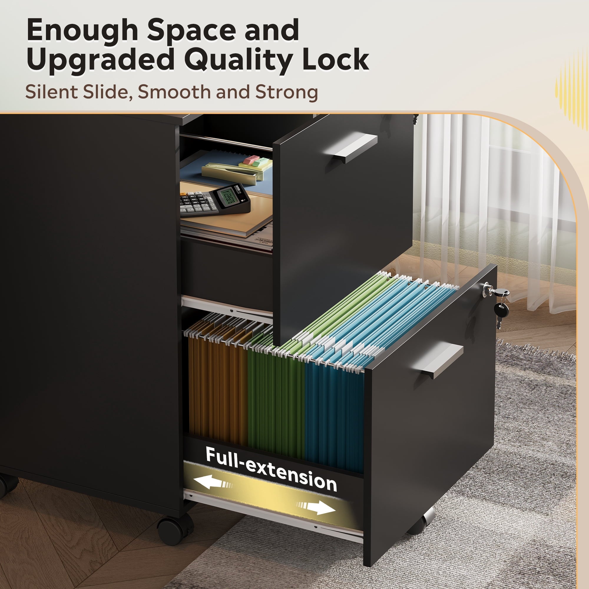 GALAXHERO 2 Drawer Filing Cabinet with Lock, Wooden Printer Stand with Storage for Home Office, Mobile Locking File Cabinet Fits Letter/A4 Hanging Files