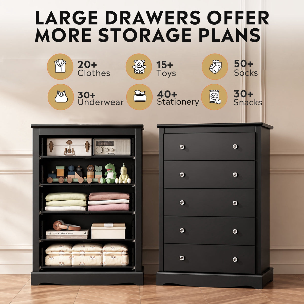 GALAXHERO 5 Drawer Dresser for Bedroom, Retro Wood Chest of Drawers, Tall Dresser with Round Metal Handle for Living Room, Hallway, Closet