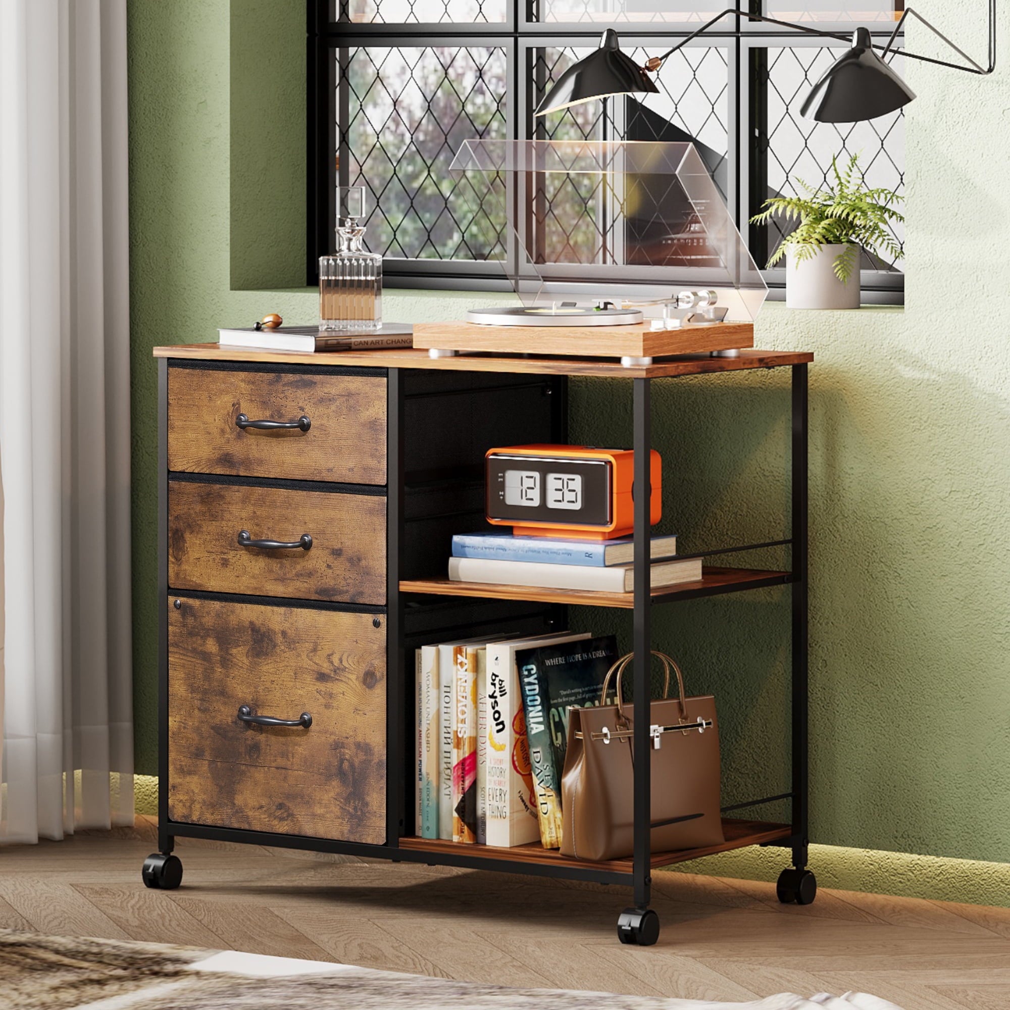 GALAXHERO 3-Drawer Mobile File Cabinet with Storage Shelf, Rolling Fabric Filing Cabinet and Printer Stand