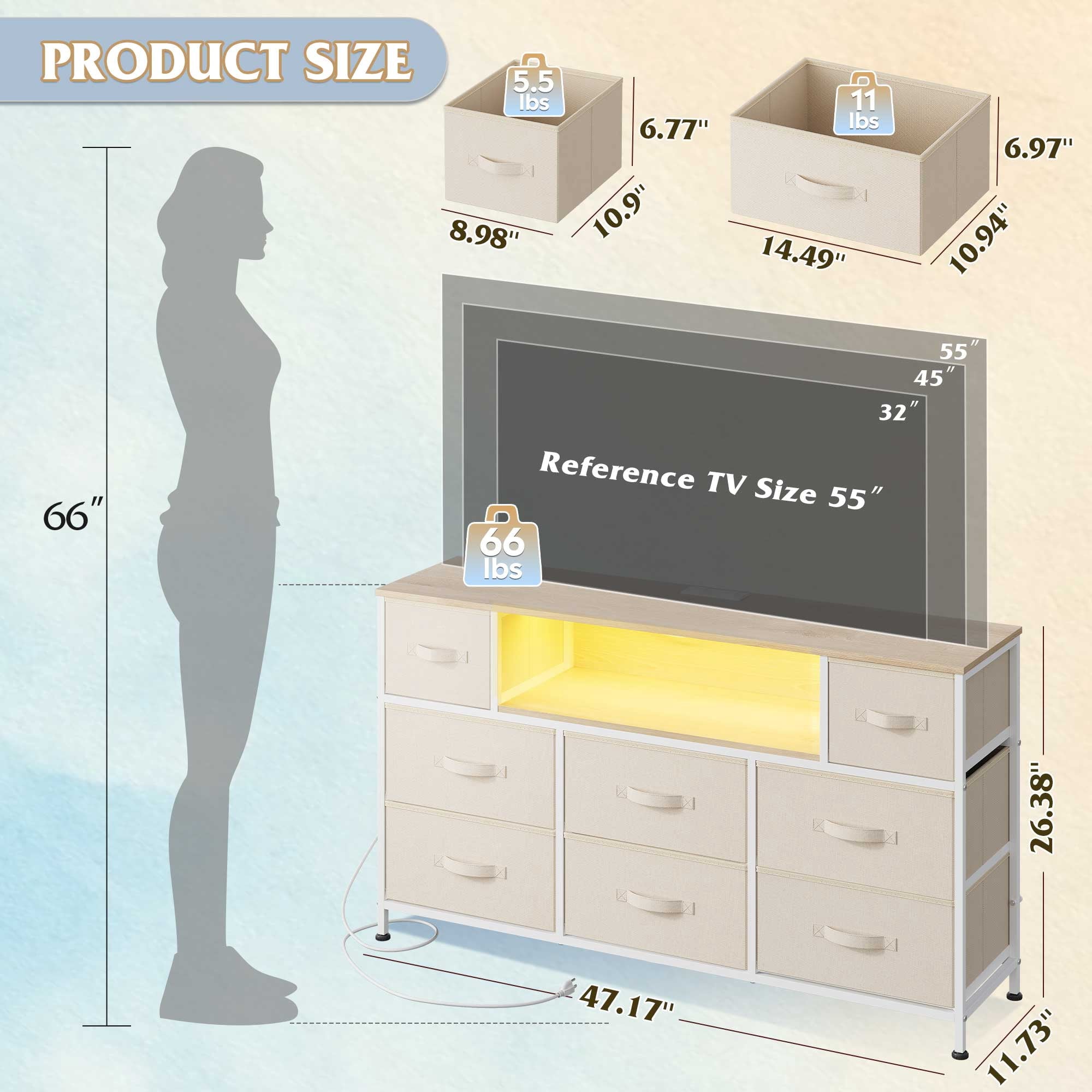 GALAXHERO 8-Drawer Dressers for Bedroom, Dresser TV Stand for 55'' TV with LED Lights and Power Outlets, Fabric Chest of Drawers for Living Room, Entryway