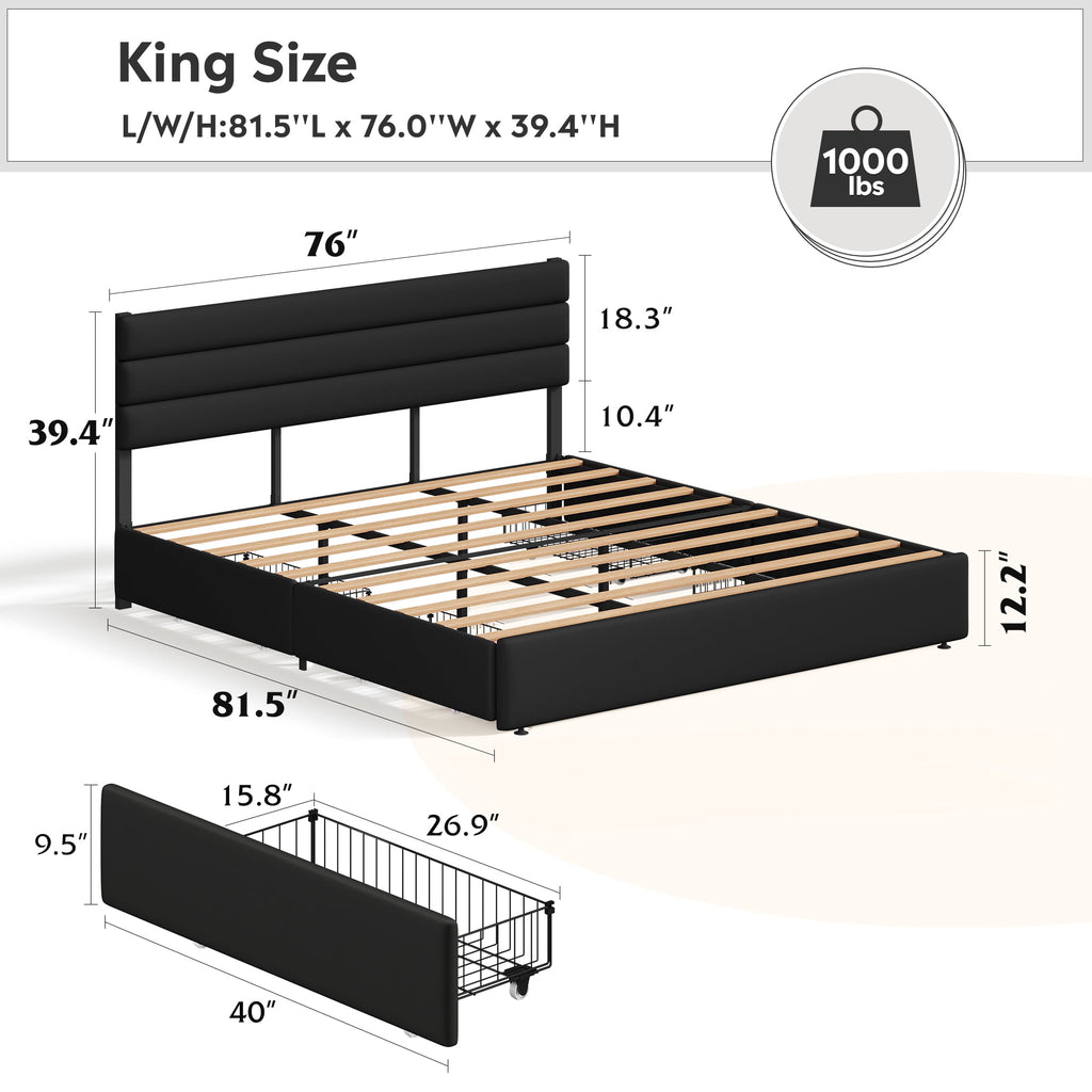 GALAXHERO King Size Upholstered Bed Frame with 4 Storage Drawers and Headboard, Velvet Platform Bedframe, Sturdy Metal & Wooden Slats Support, No Box Spring Needed, Easy Assembly