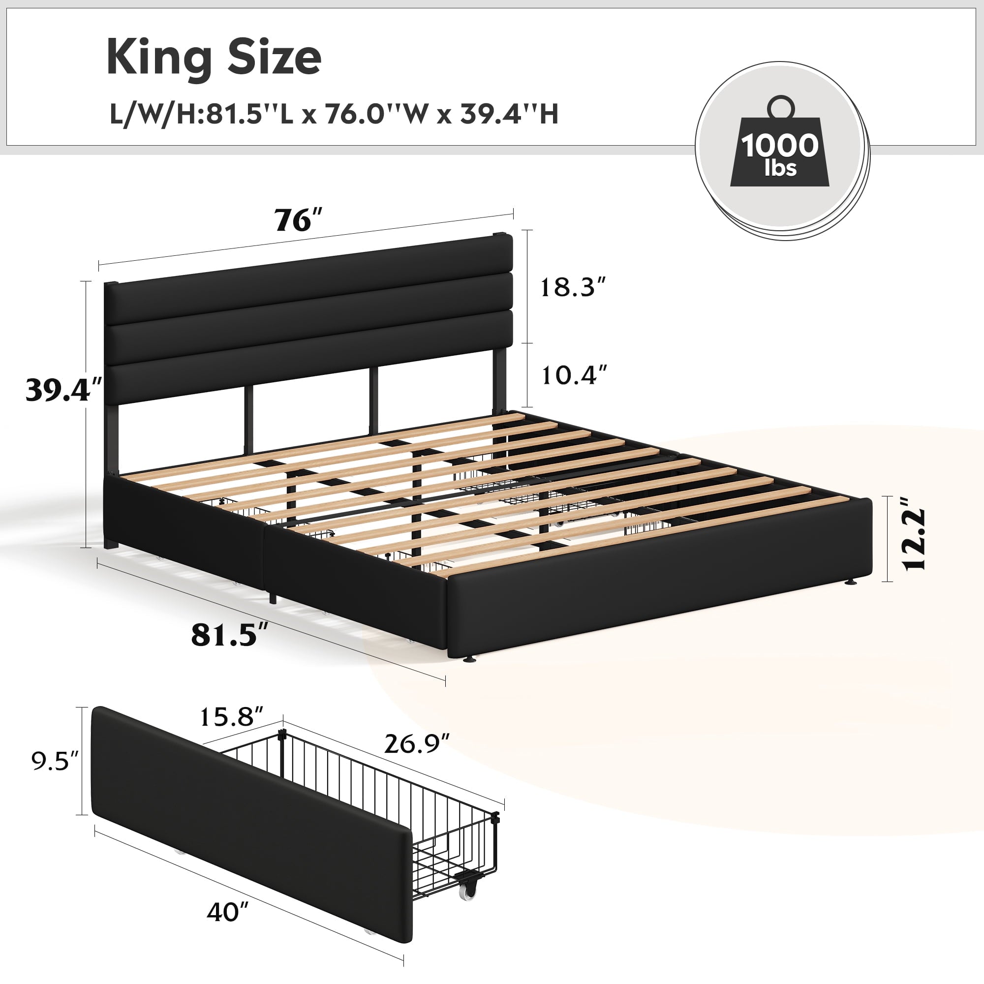 GALAXHERO King Size Upholstered Bed Frame with 4 Storage Drawers and Headboard, Velvet Platform Bedframe, Sturdy Metal & Wooden Slats Support, No Box Spring Needed, Easy Assembly