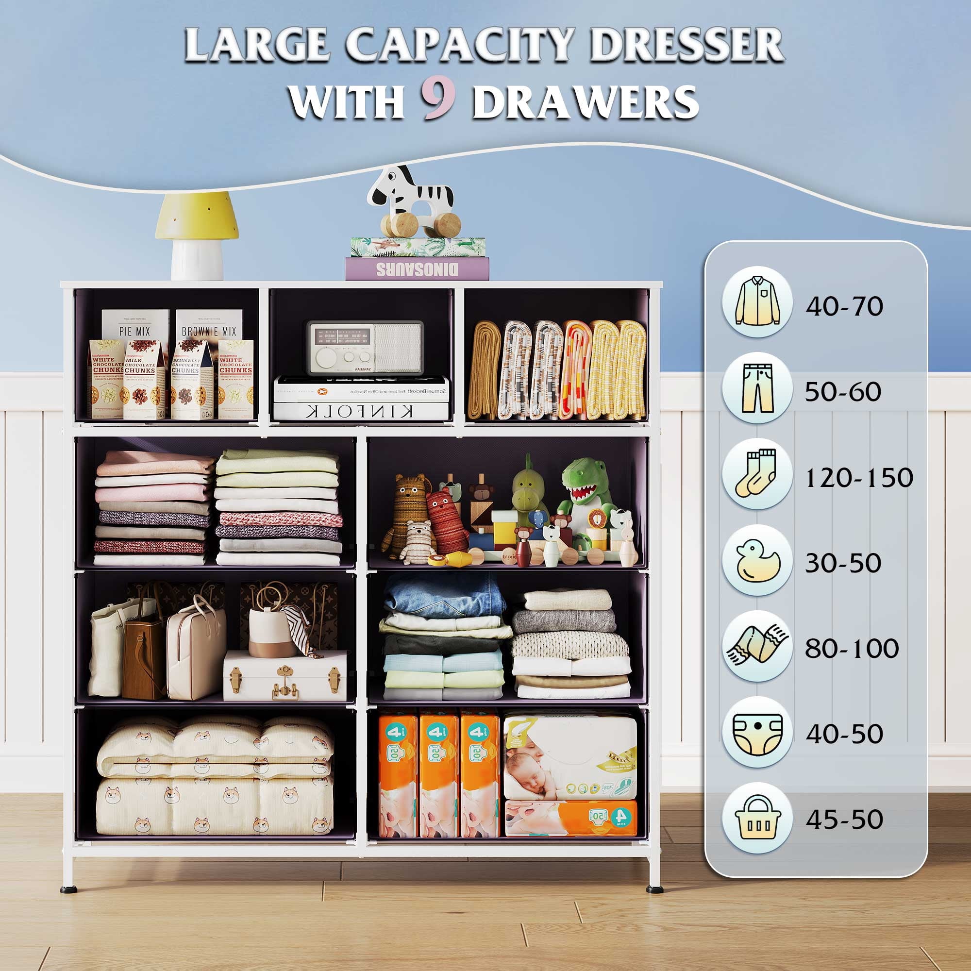 GALAXHERO 9-Drawer Fabric Dresser, Tall Storage Tower for Bedroom, Hallway, Entryway, Closet, Chest Organizer Unit with Fabric Bins, Steel Frame, Wood Top, Wood Grain Print