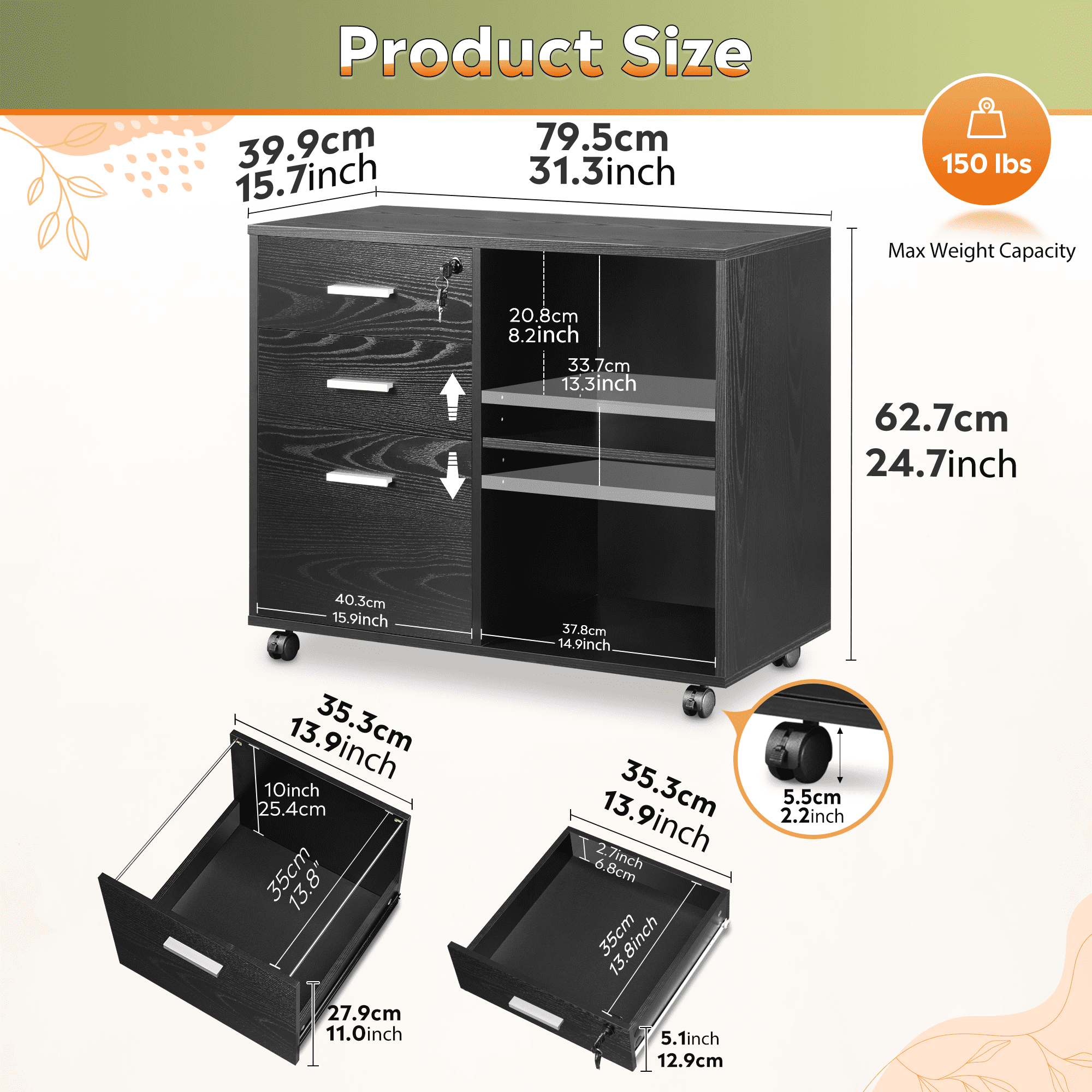 GALAXHERO 3-Drawer Locking File Cabinet, Mobile Lateral Filing Cabinet, Printer Stand with Open Storage Shelves for Home Office, Black