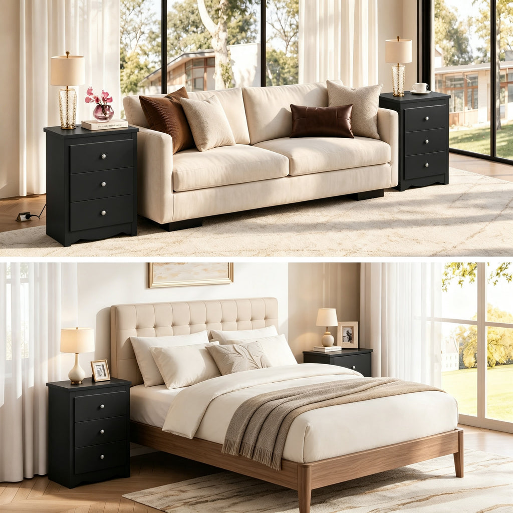 GALAXHERO Nightstand with Charging Station, 3-Drawer Tall Wood Bedside Table & End Table for Bedroom Living Room Dorm