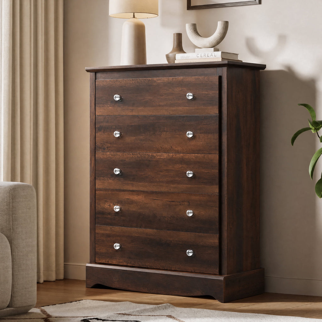 GALAXHERO 5 Drawer Dresser for Bedroom, Retro Wood Chest of Drawers, Tall Dresser with Round Metal Handle for Living Room, Hallway, Closet