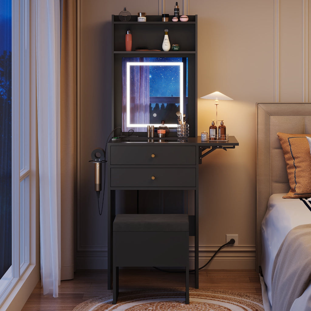 GALAXHERO Vanity Desk with Lighted Mirror and Glass Top, Makeup Vanity Chair with Storage, Fold-up Panel, 2 Drawers Dressing Table for Bedroom