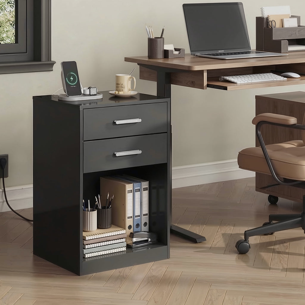 GALAXHERO Nightstand Set of 2 with Charging Station and 2 Drawers, Wood Bedside Table End Table with Open Shelf for Bedroom, Living Room