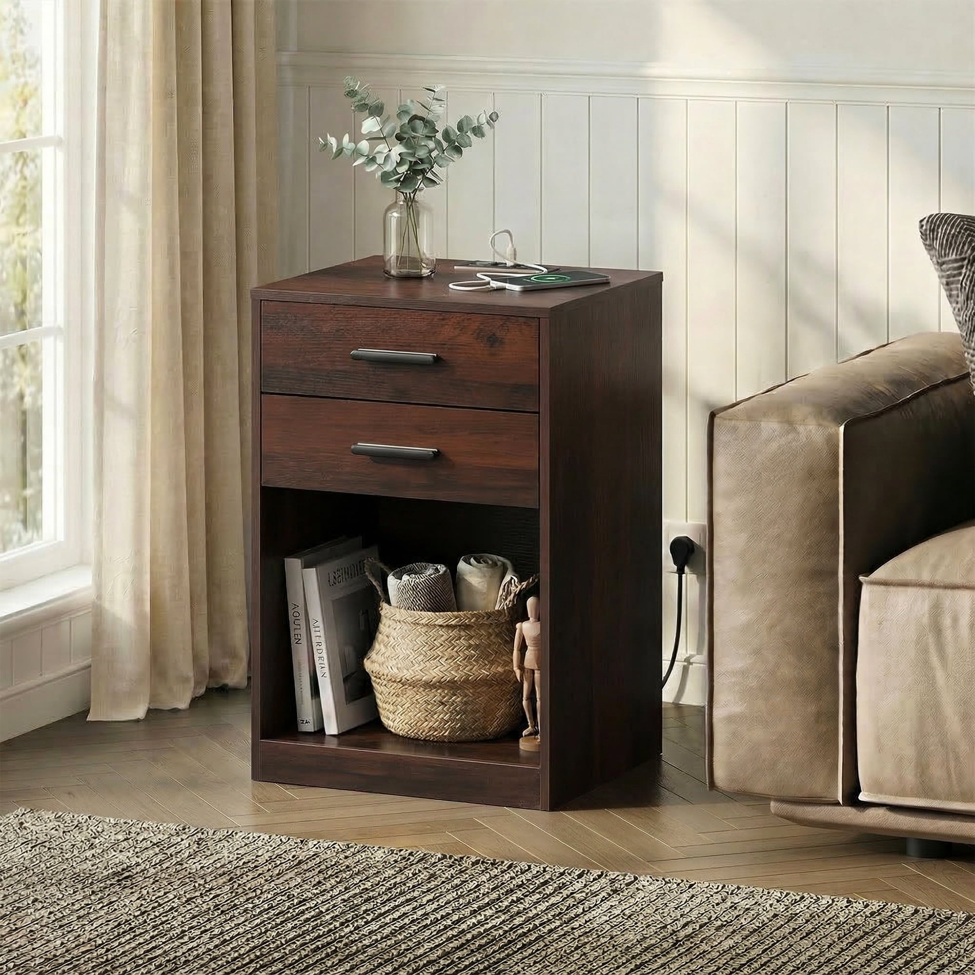 GALAXHERO Nightstand Set of 2 with Charging Station and 2 Drawers, Wood Bedside Table End Table with Open Shelf for Bedroom, Living Room