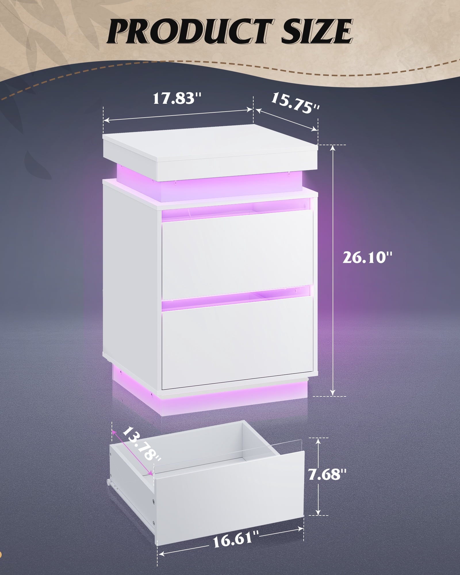 GALAXHERO Nightstand with Charging Station and LED Lights, Modern 2 Drawers Bedside Table with Sliding Top, End Side Table for Bedroom, Living Room