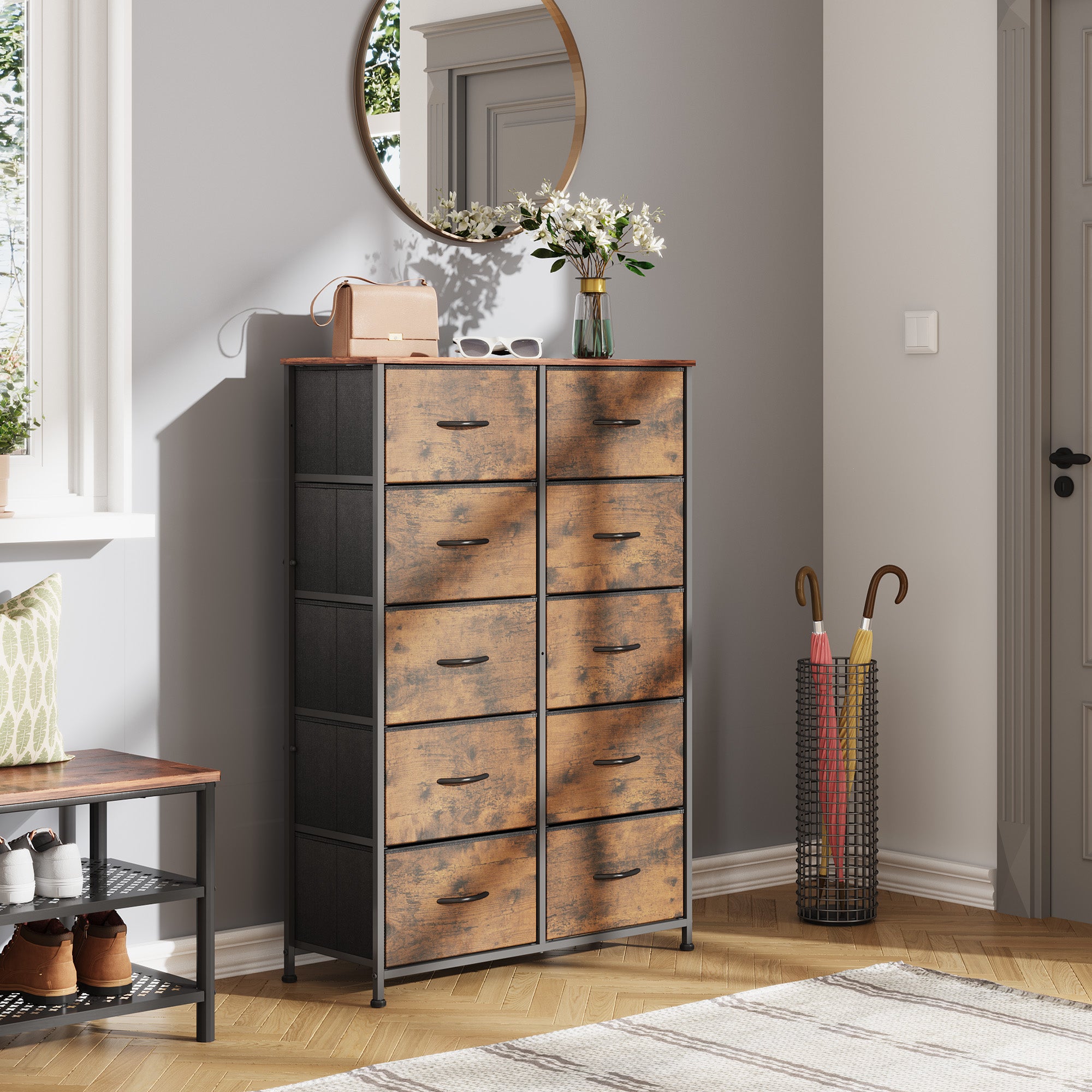 GALAXHERO Tall Dresser 10 Fabric Drawers, Storage Tower with Cabinet, Metal Frame, Wooden Top, Organizer Units for Bedroom, Living Room, Closet, Clothing