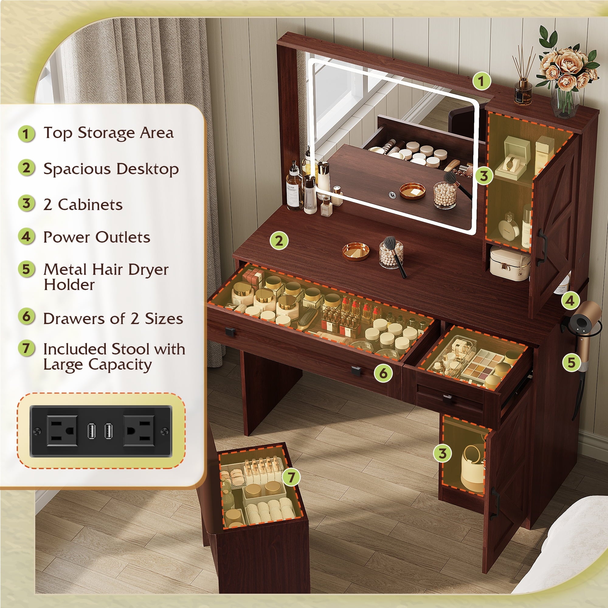 GALAXHERO Farmhouse Vanity Desk, Makeup Table Set with Mirror and Lights, Dressing Table with 2 Drawers and 2 Cabinets, Hair Dryer Holder for Bedroom