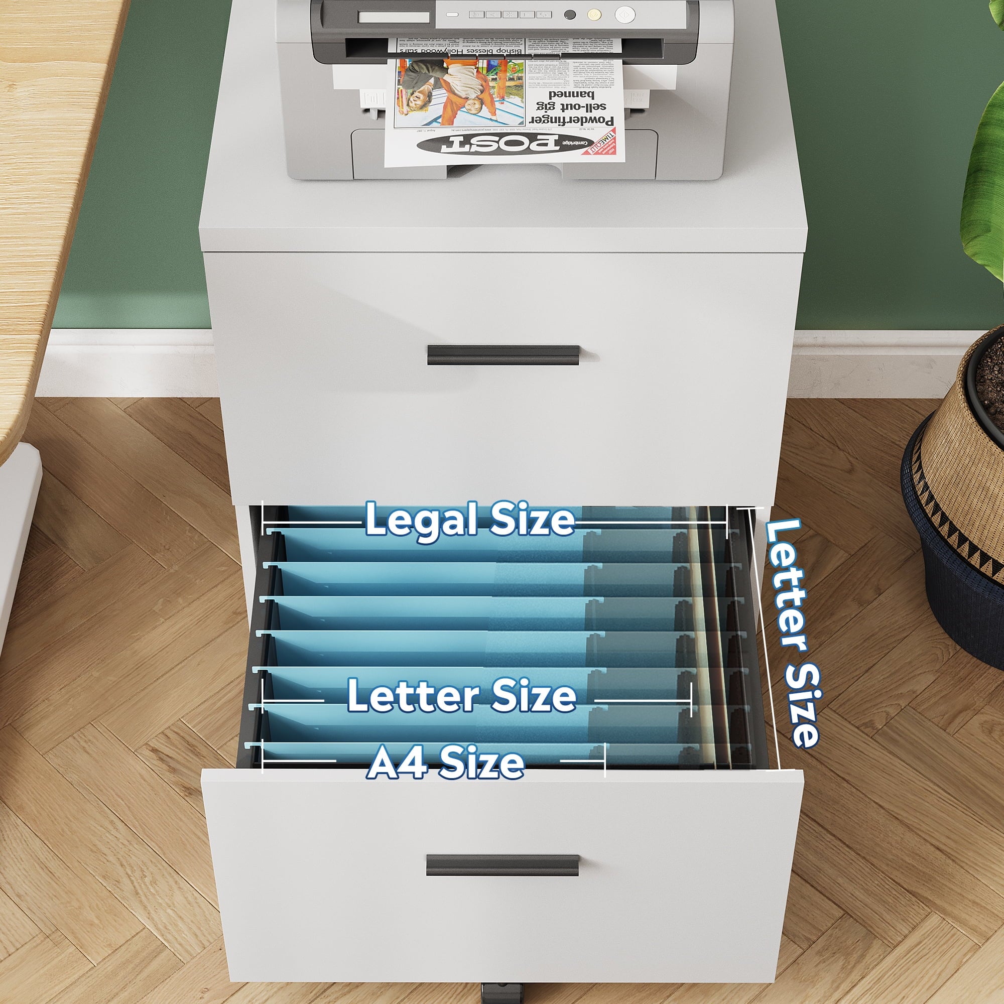 GALAXHERO 2-Drawer Wood File Cabinet, Vertical Filing Cabinet with Wheels for Home Office, Fits A4/Letter/Legal Size Files, White