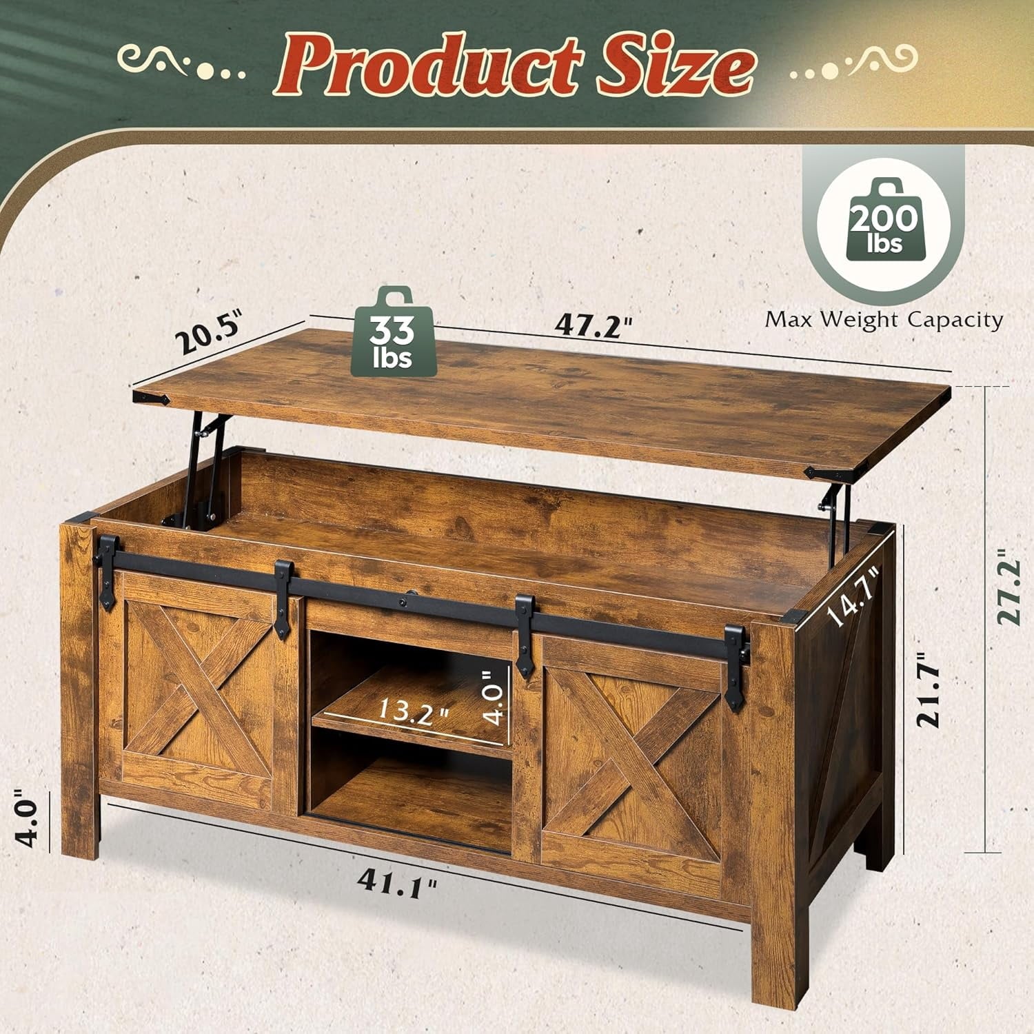 GALAXHERO 47.3" Farmhouse Lift Top Coffee Table with Sliding Barn Doors, Large Hidden Storage Compartment and Adjustable Shelf for Living Room, Office