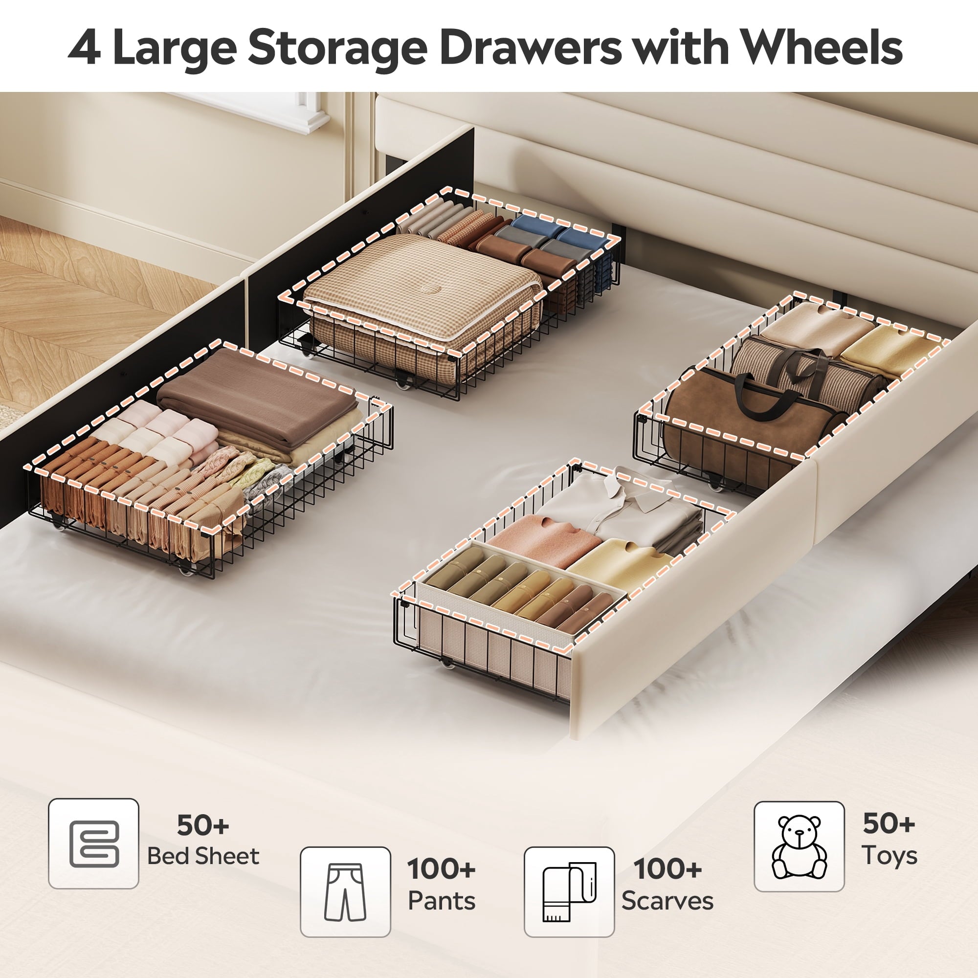 GALAXHERO Queen Size Upholstered Bed Frame with 4 Storage Drawers and Headboard, Velvet Platform Bedframe, Sturdy Metal & Wooden Slats Support, No Box Spring Needed, Easy Assembly