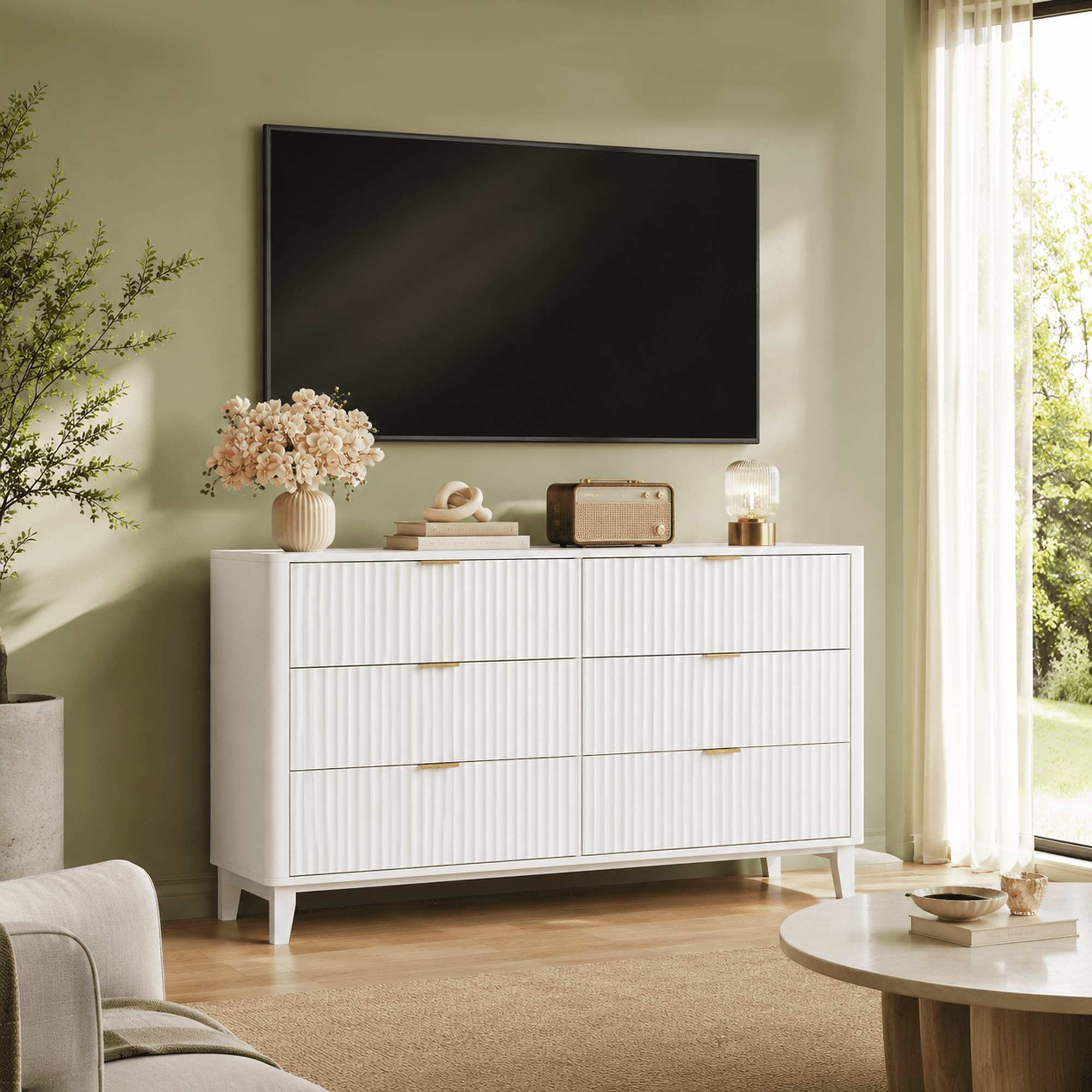 GALAXHERO 6 Drawer Dresser for Bedroom, Wide Chest of Drawers, Fluted Wood Dresser, TV Stand for 55 inch TV, Storage Cabinet for Living Room, Hallway