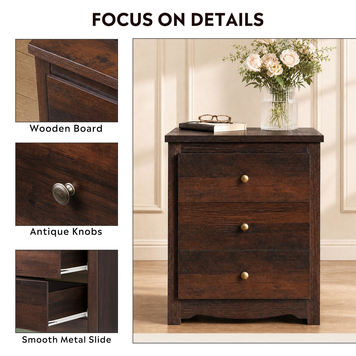 GALAXHERO Nightstand with Charging Station, 3-Drawer Tall Wood Bedside Table & End Table for Bedroom Living Room Dorm