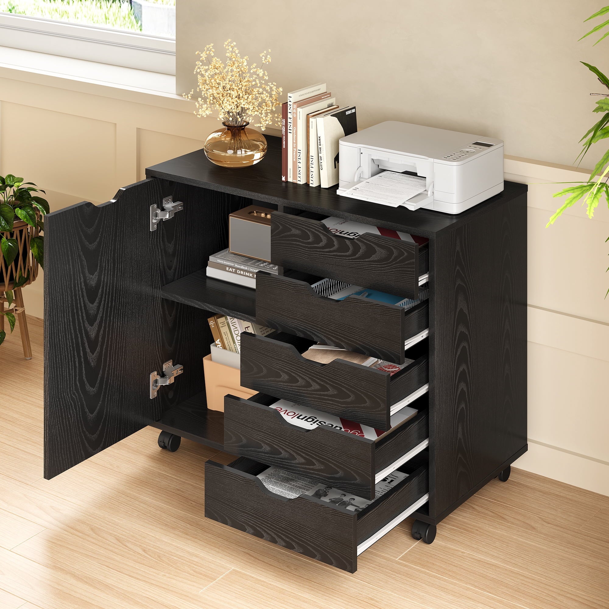 GALAXHERO 5-Drawer Storage Cabinet, Mobile Printer Stand Filing Cabinet for Home Office Cabinet, Wood File Cabinet