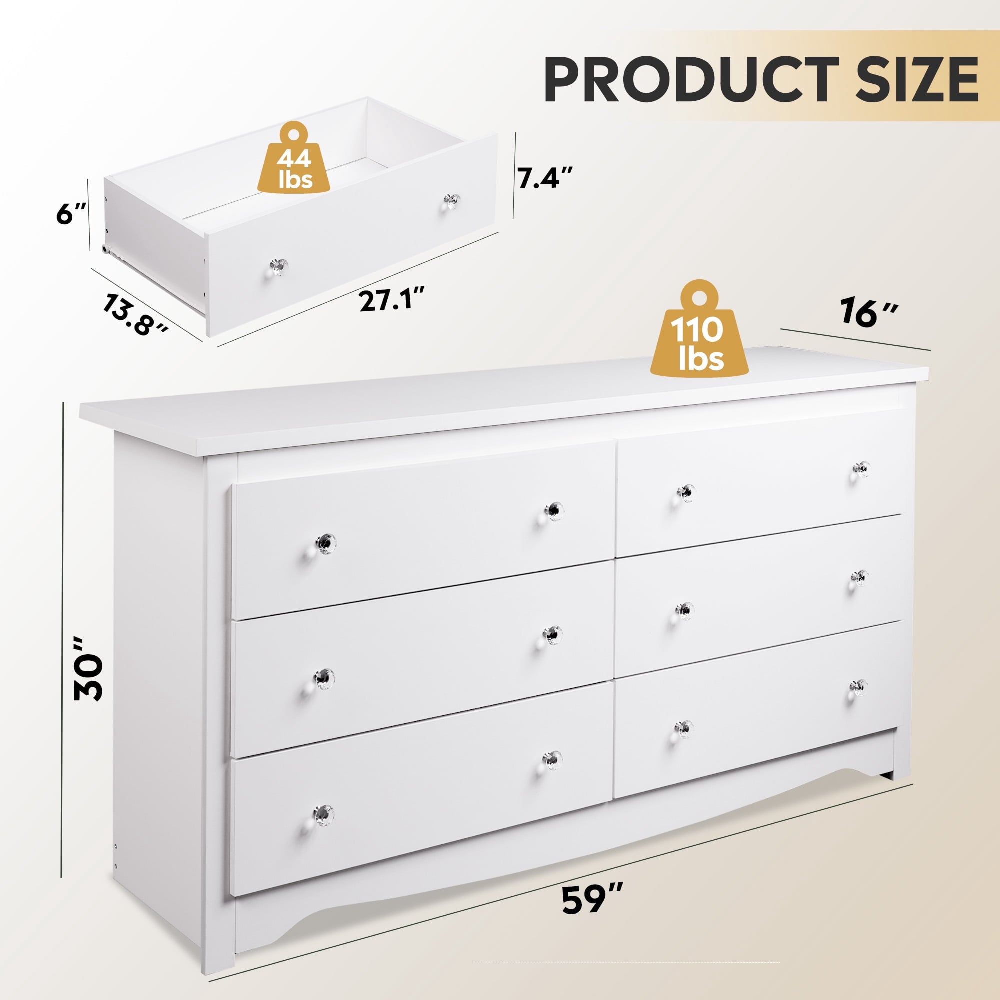 GALAXHERO Modern Wood Dresser with 6 Drawers – Wide Storage Chest for Bedroom, Living Room, Closet, Hallway – Large Organizer Nightstand Unit, 59”W, White