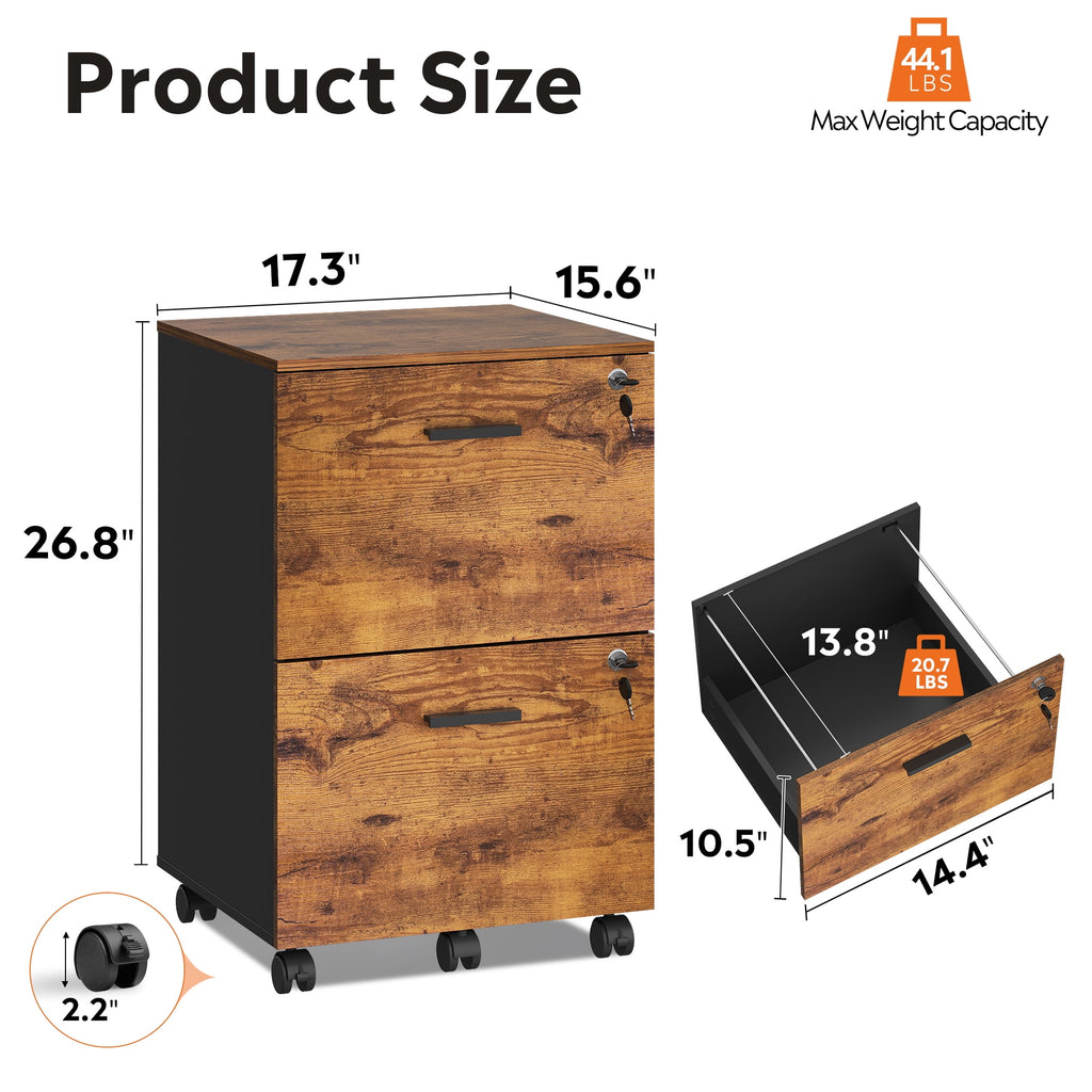 GALAXHERO 2 Drawer Filing Cabinet with Lock, Wooden Printer Stand with Storage for Home Office, Mobile Locking File Cabinet Fits Letter/A4 Hanging Files