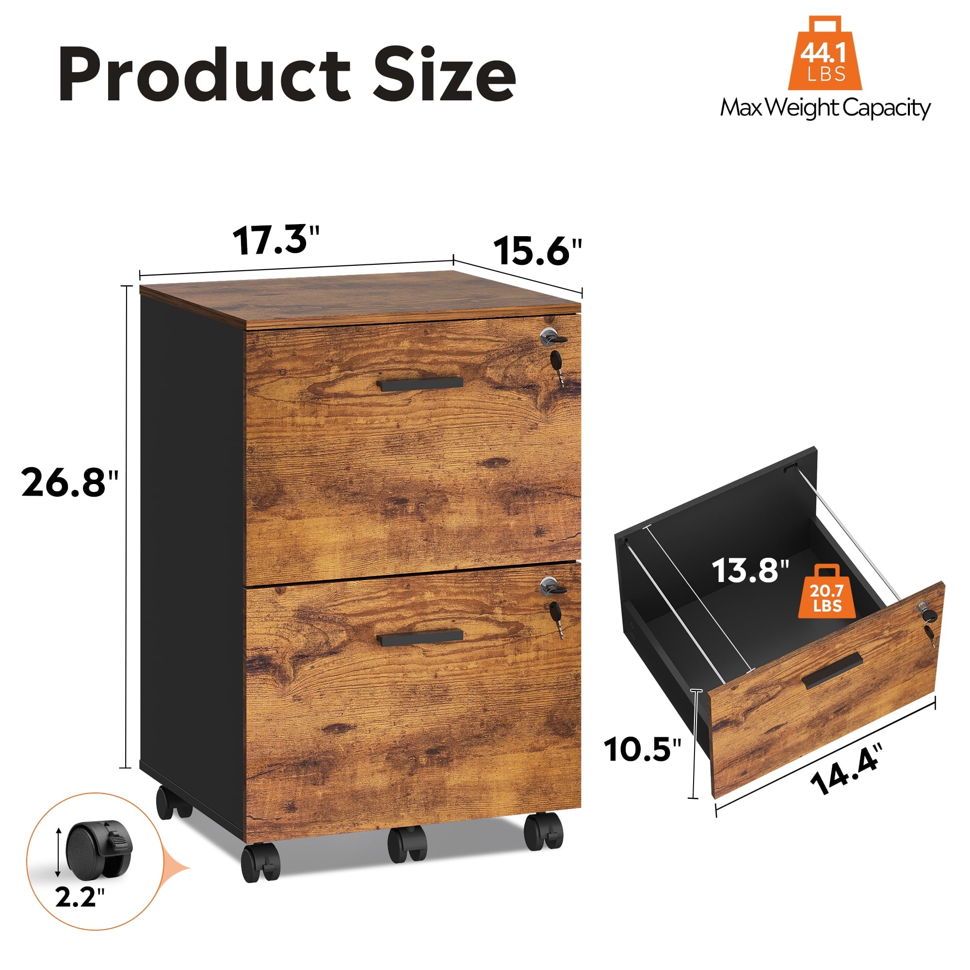GALAXHERO 2 Drawer Filing Cabinet with Lock, Wooden Printer Stand with Storage for Home Office, Mobile Locking File Cabinet Fits Letter/A4 Hanging Files