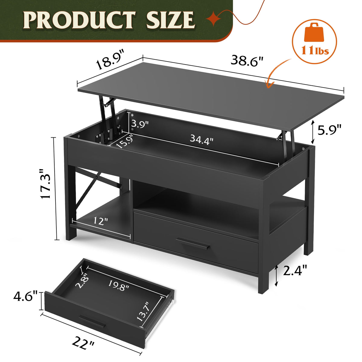 GALAXHERO Coffee Table, 39" Lift Top Coffee Table with Hidden Compartment, Storage Drawers and Storage Shelf for Living Room, Reception Room