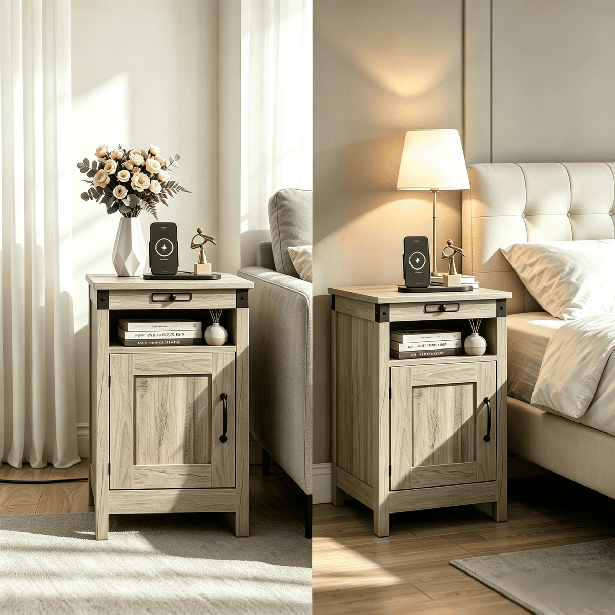 GALAXHERO End Table with Charging Station, Small Side Table with Lift Top, Narrow Nightstand with Charging Station & Storage Cabinet for Living Room & Bedroom