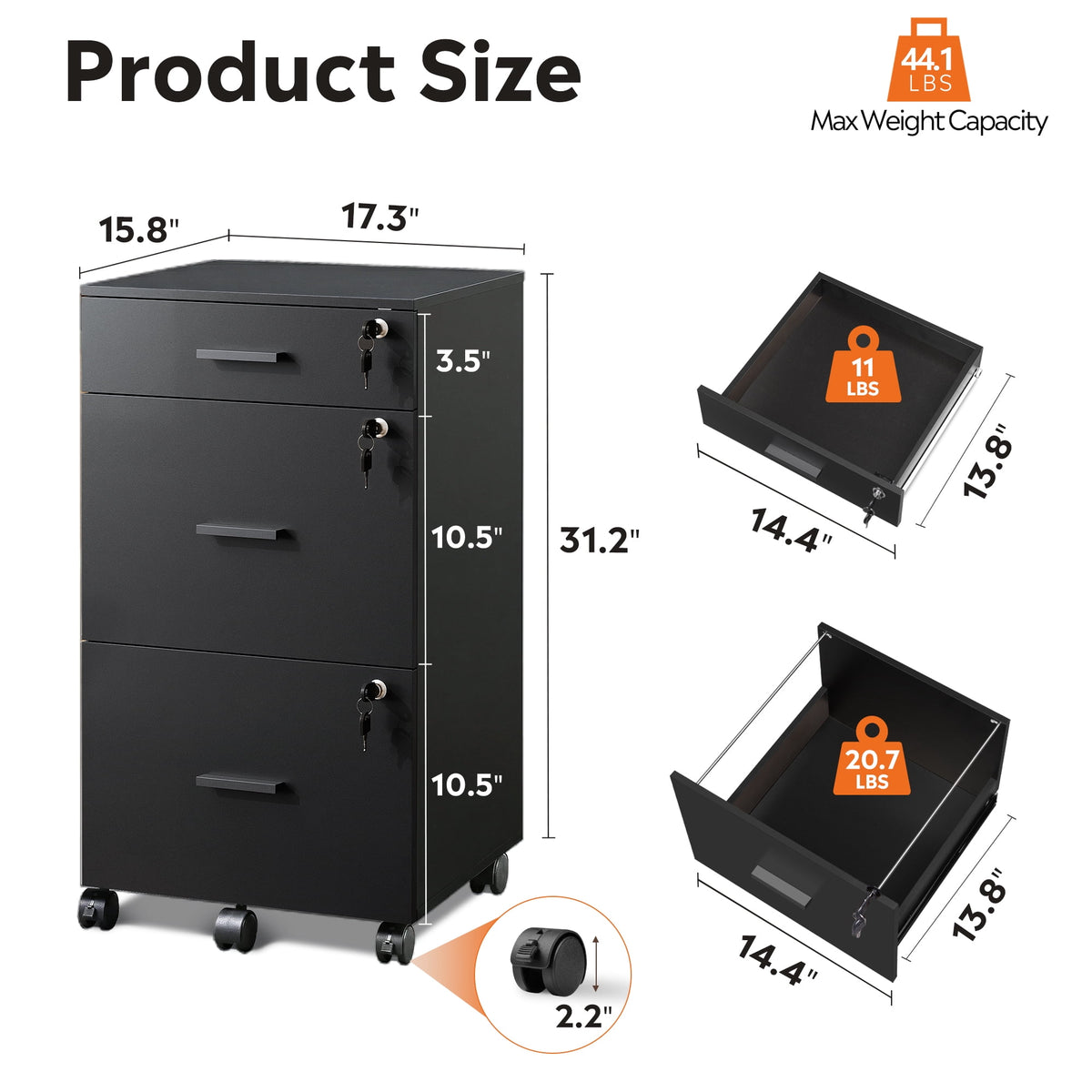 GALAXHERO Filing Cabinet with Lock and Key, 3 Drawer Rolling File Cabinet, Wood Storage Locker, Fits Letter/A4 Size
