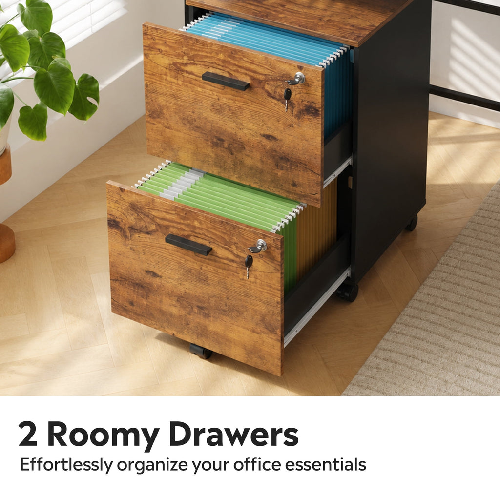 GALAXHERO 2 Drawer Filing Cabinet with Lock, Wooden Printer Stand with Storage for Home Office, Mobile Locking File Cabinet Fits Letter/A4 Hanging Files