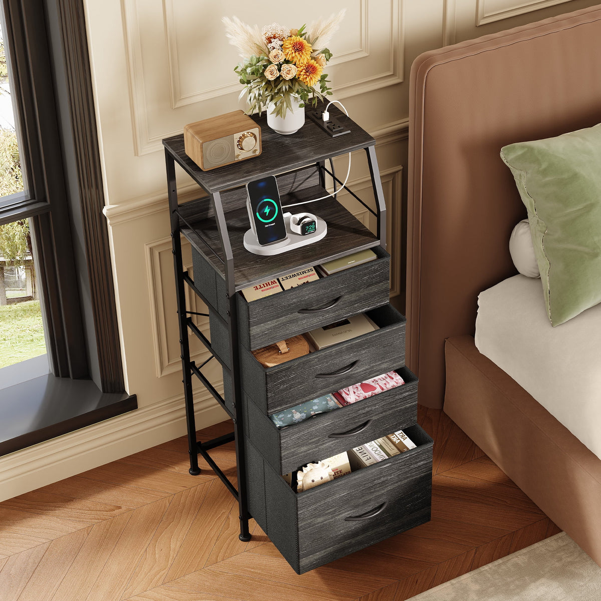 GALAXHERO 4 Drawer Dresser for Bedroom, Nightstand with Charging Station and LED, Tall Bedside Table with Storage Shelfs